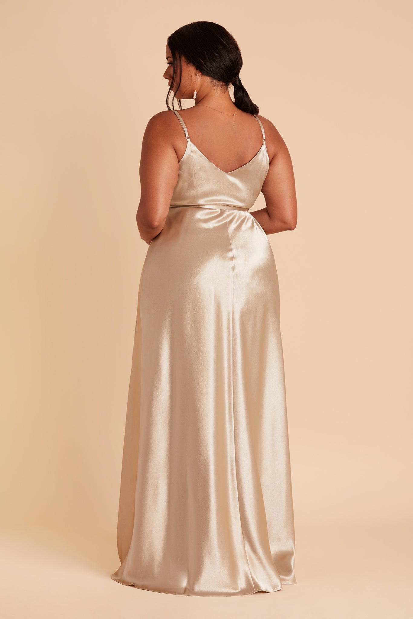 Cindy plus size bridesmaid dress with slit in Neutral Champagne satin by Birdy Grey, back view