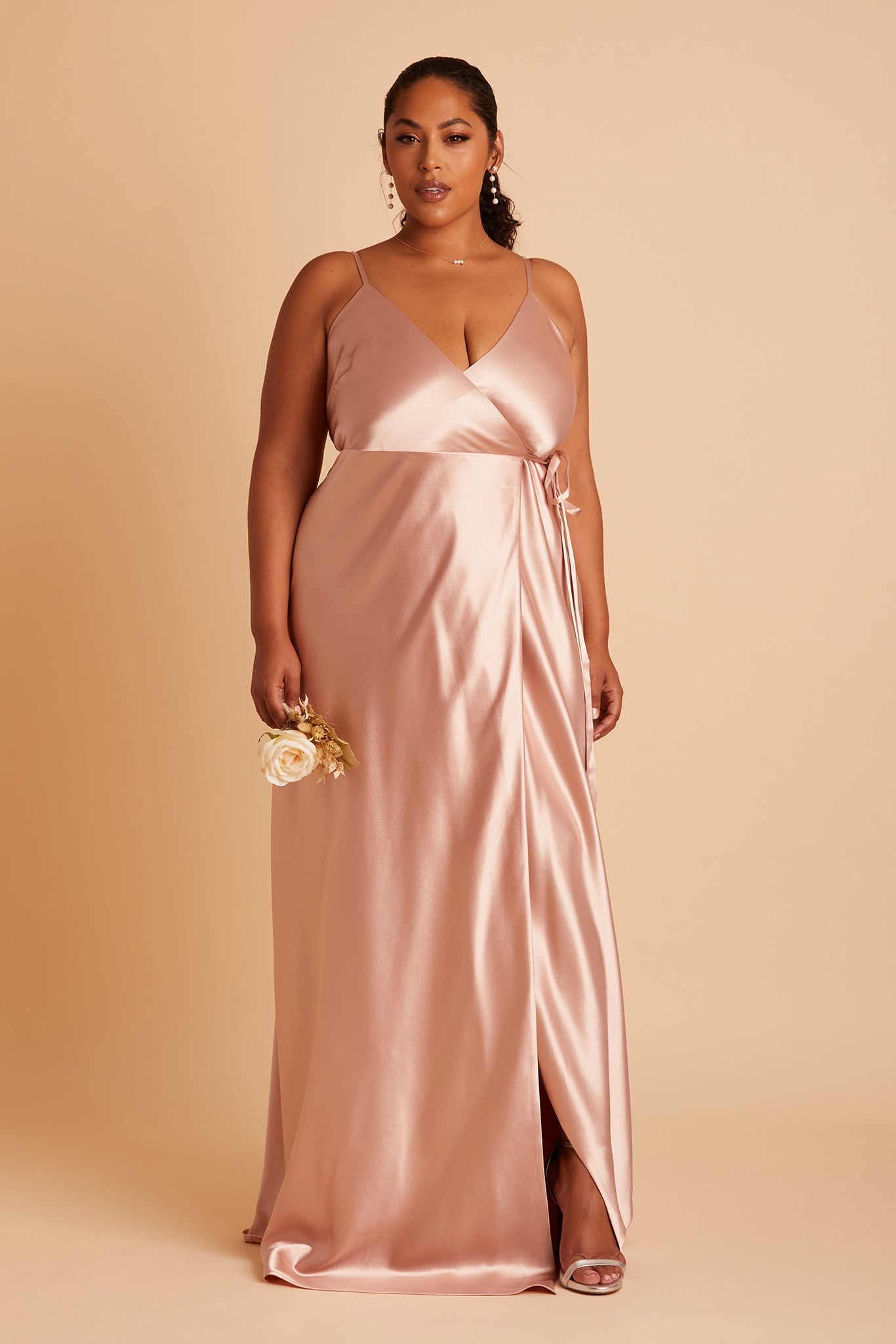 Cindy plus size bridesmaid dress with slit in rose gold satin by Birdy Grey, front view