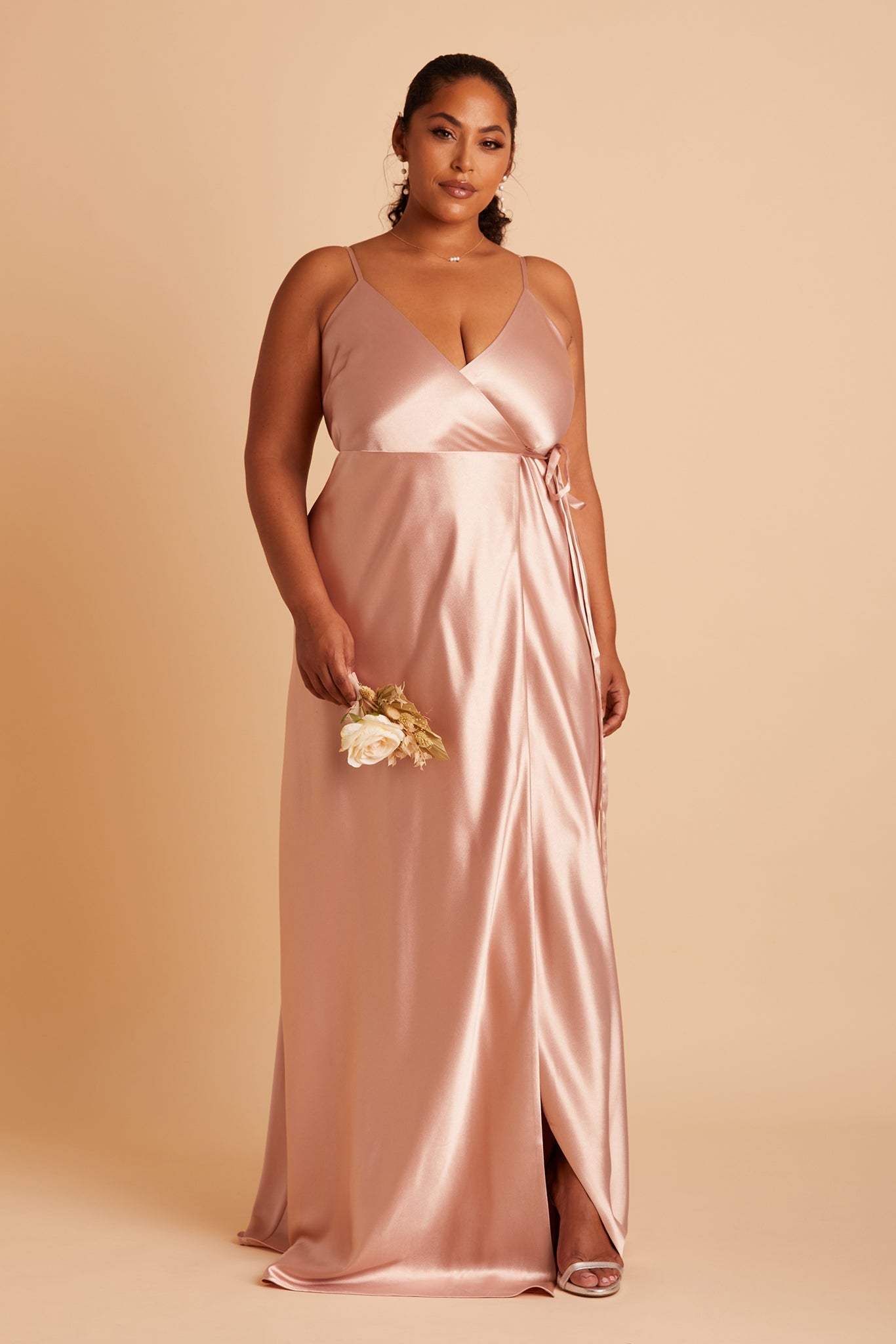 Cindy plus size bridesmaid dress with slit in rose gold satin by Birdy Grey, front view