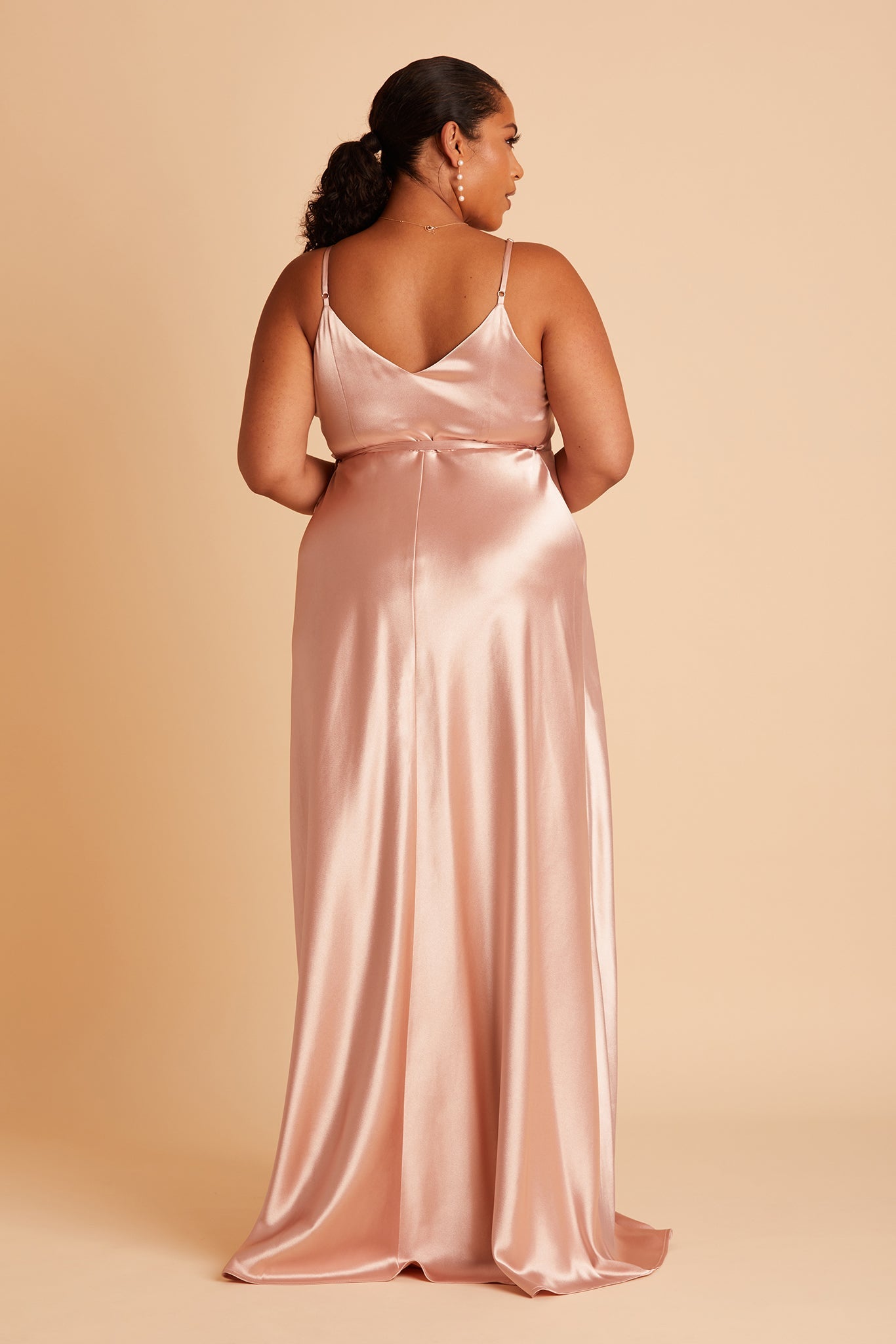 Cindy plus size bridesmaid dress with slit in rose gold satin by Birdy Grey, back view