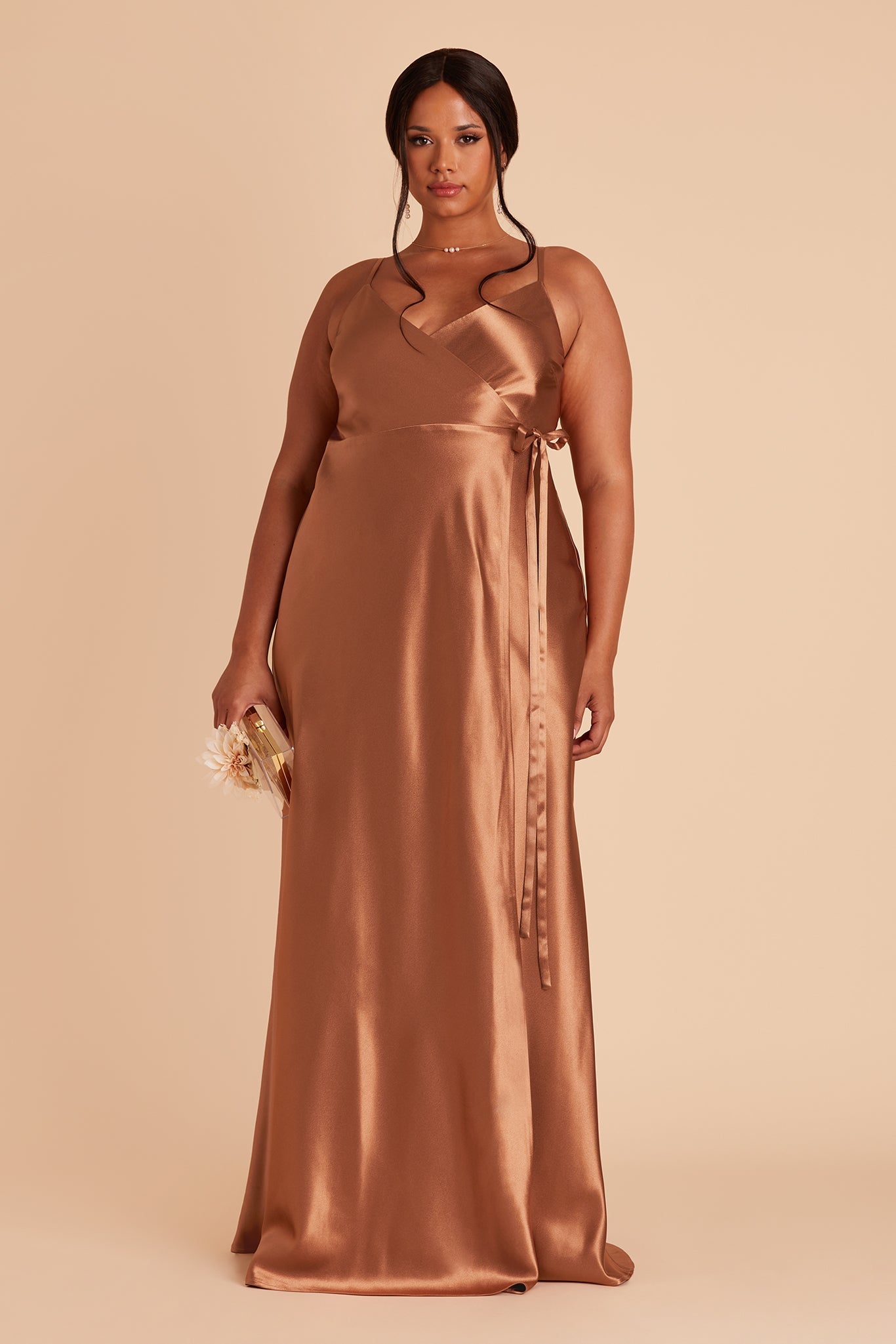 Cindy plus size bridesmaid dress with slit in Rust satin by Birdy Grey, front view