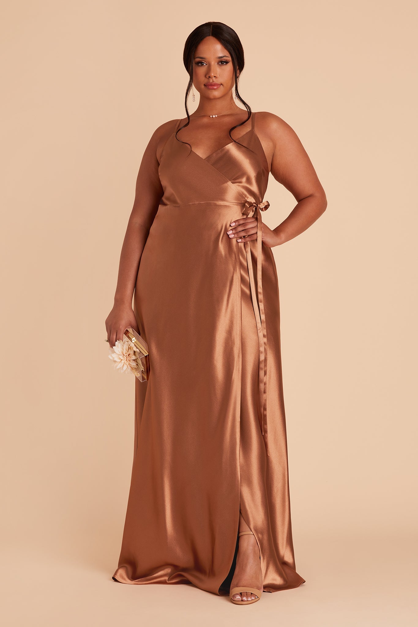 Cindy plus size bridesmaid dress with slit in Rust satin by Birdy Grey, front view