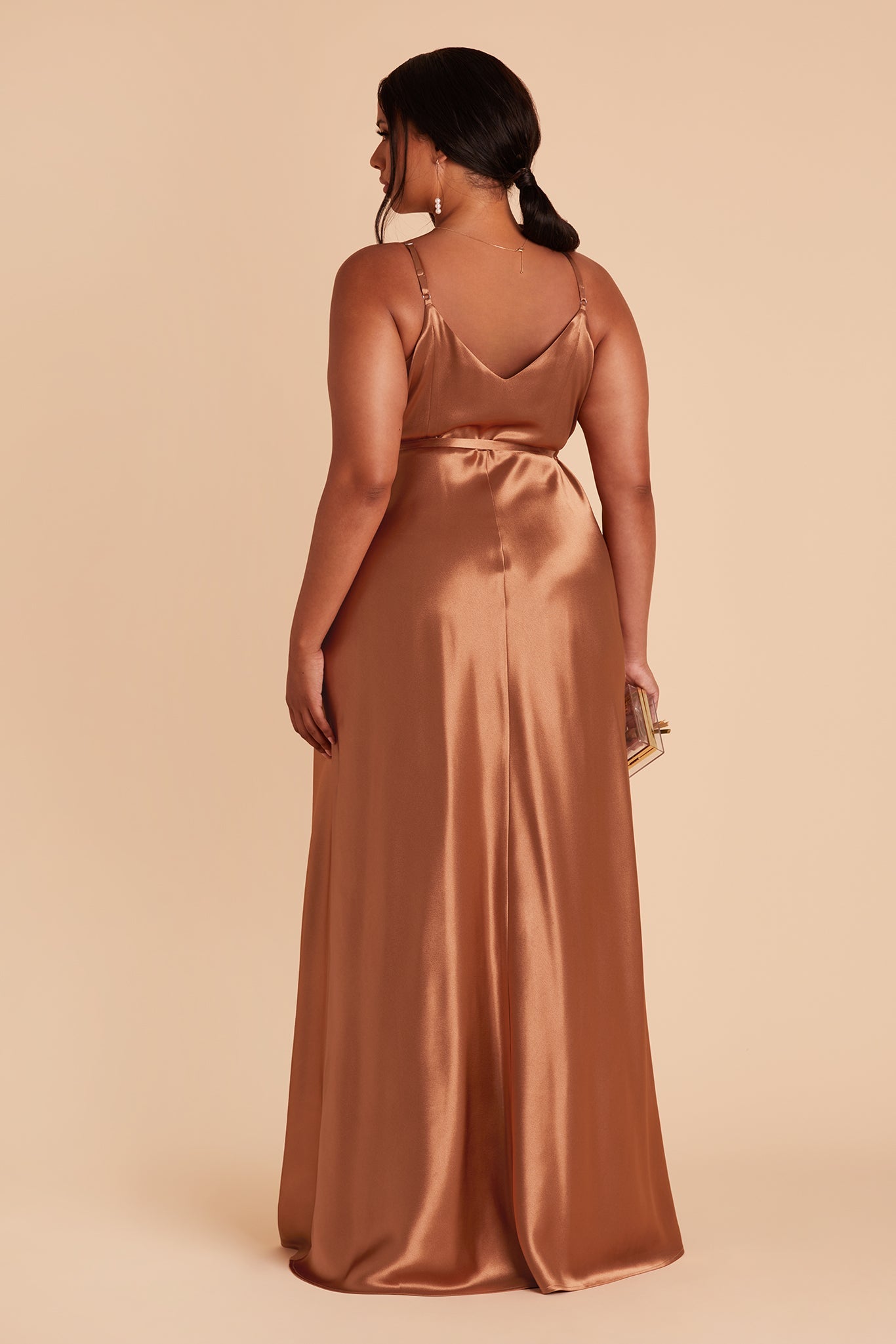 Cindy plus size bridesmaid dress with slit in Rust satin by Birdy Grey, back view