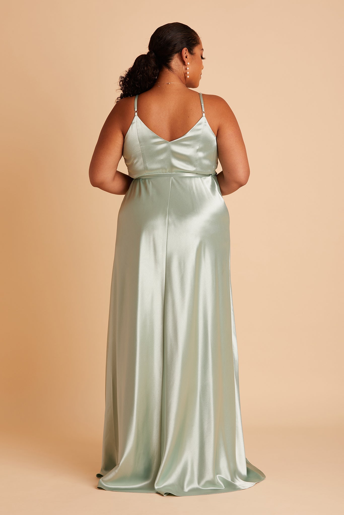 Cindy plus size bridesmaid dress with slit in sage satin by Birdy Grey, back view