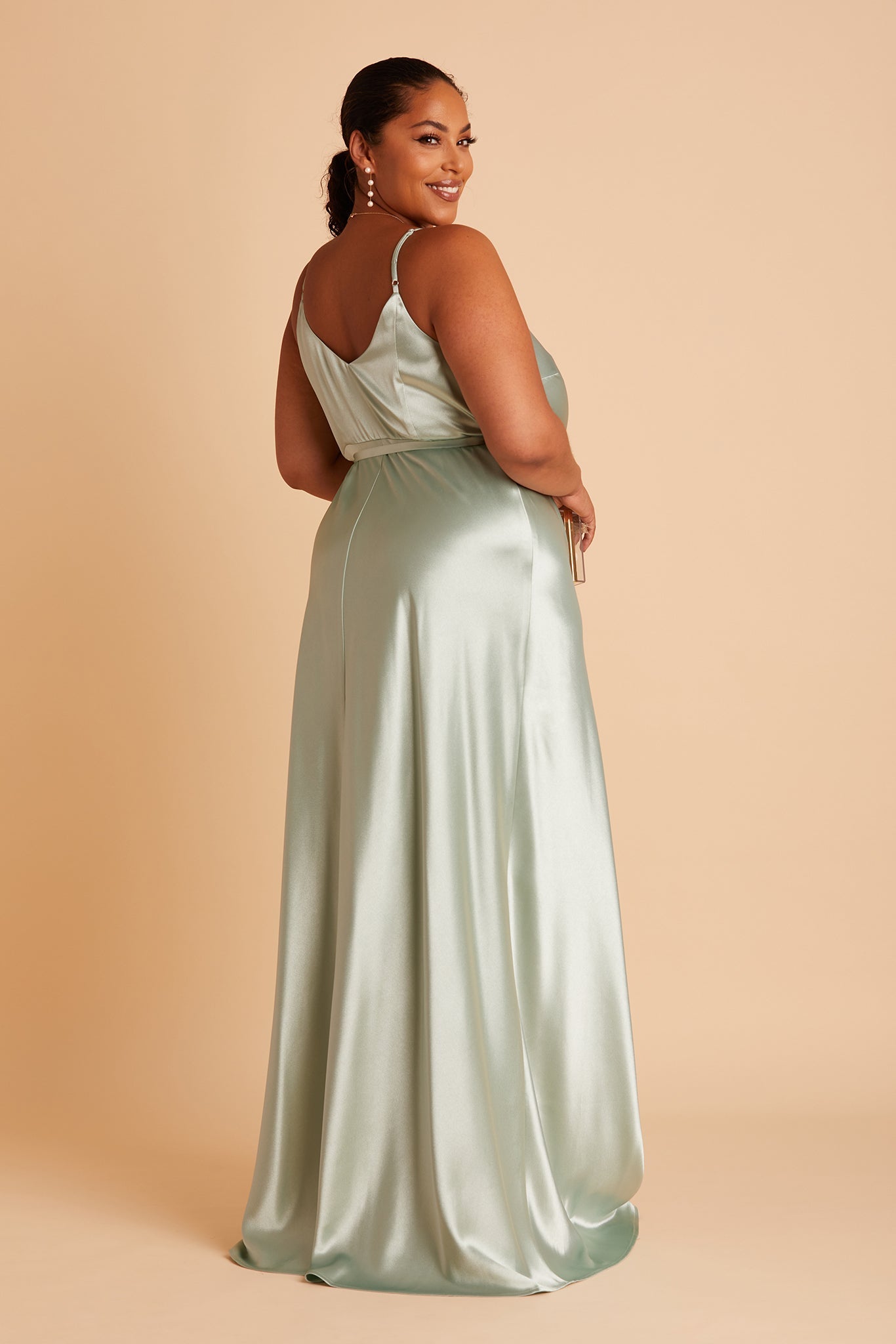 Cindy plus size bridesmaid dress with slit in sage satin by Birdy Grey, side view