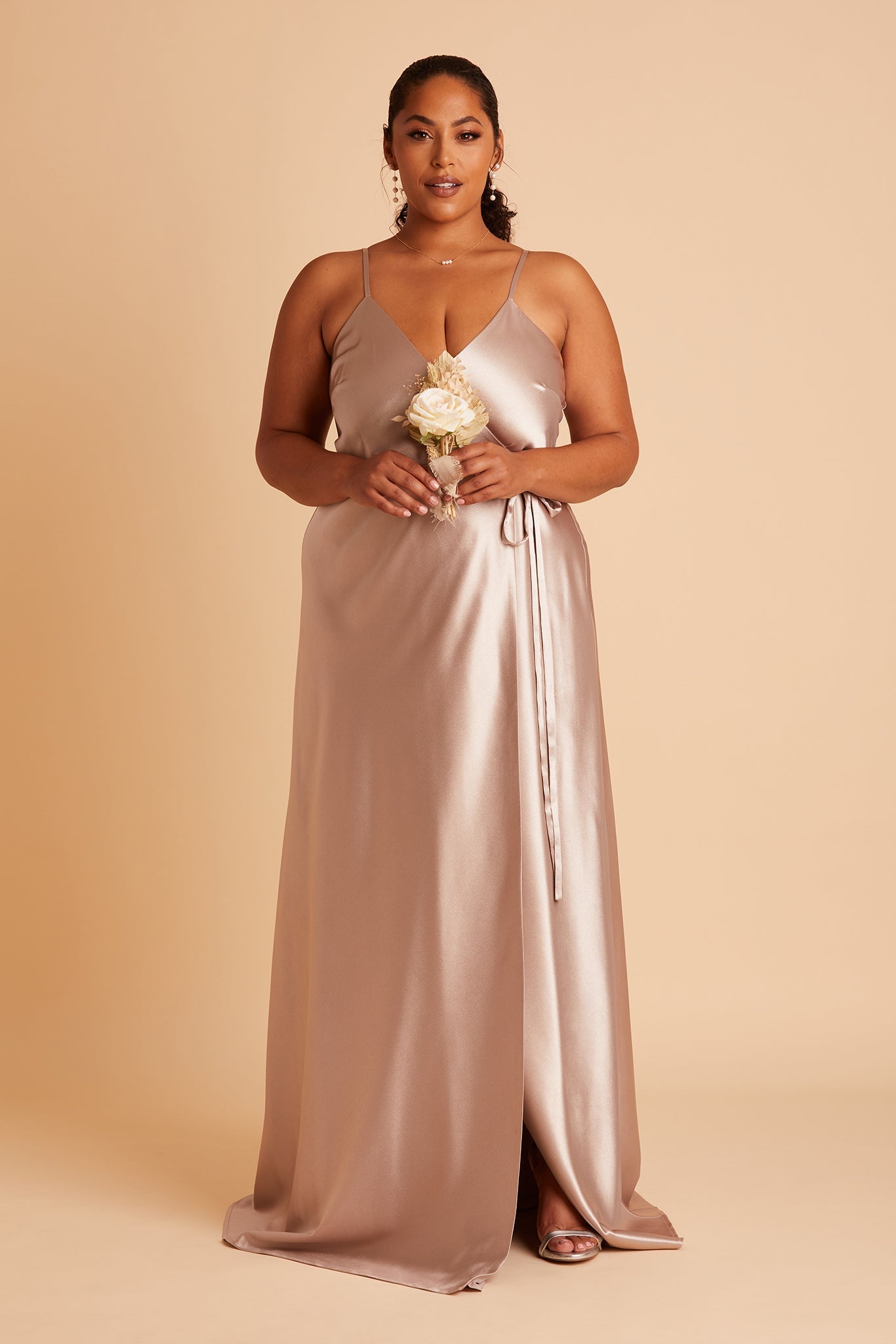 Cindy plus size bridesmaid dress with slit in taupe satin by Birdy Grey, front view