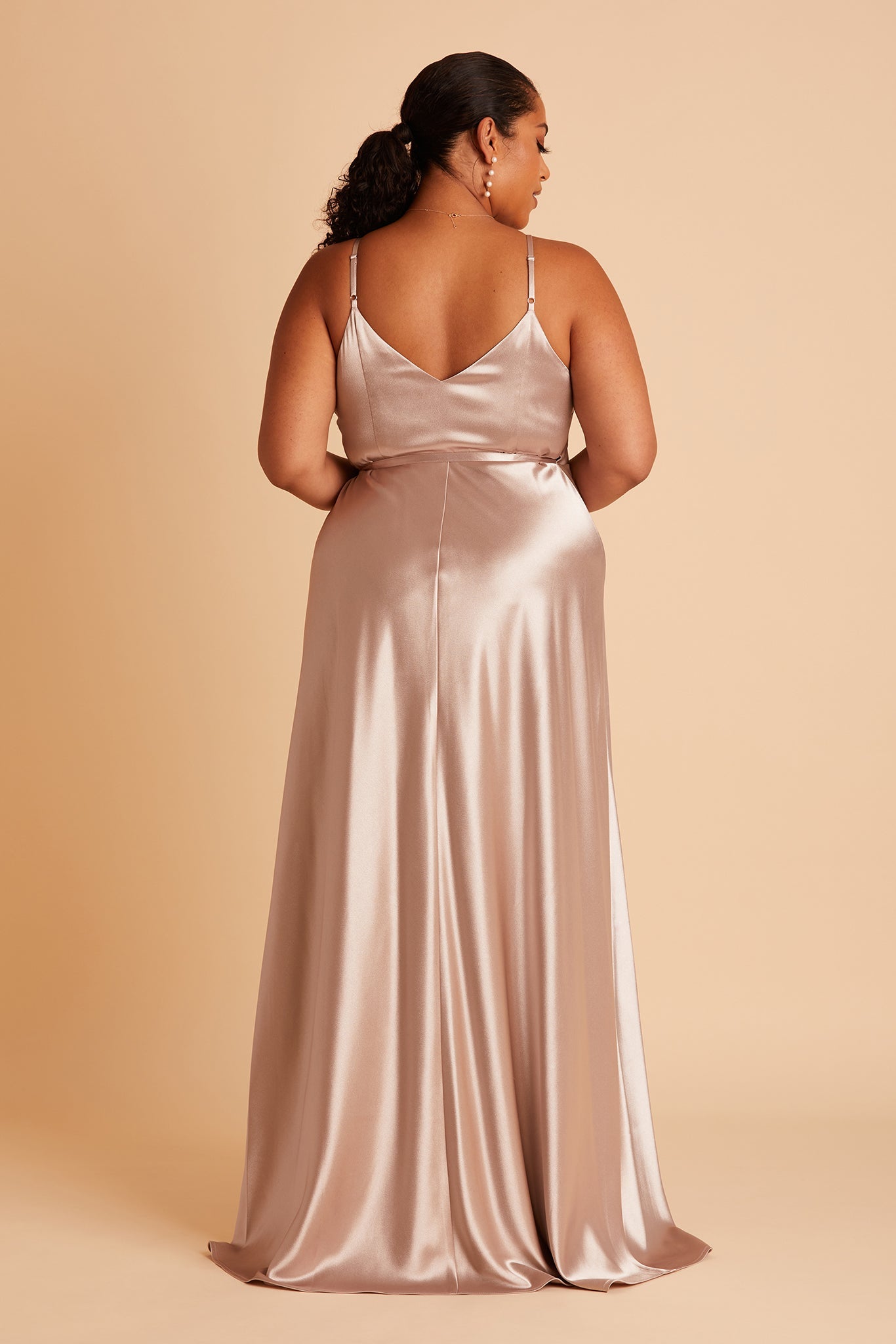 Cindy plus size bridesmaid dress with slit in taupe satin by Birdy Grey, back view