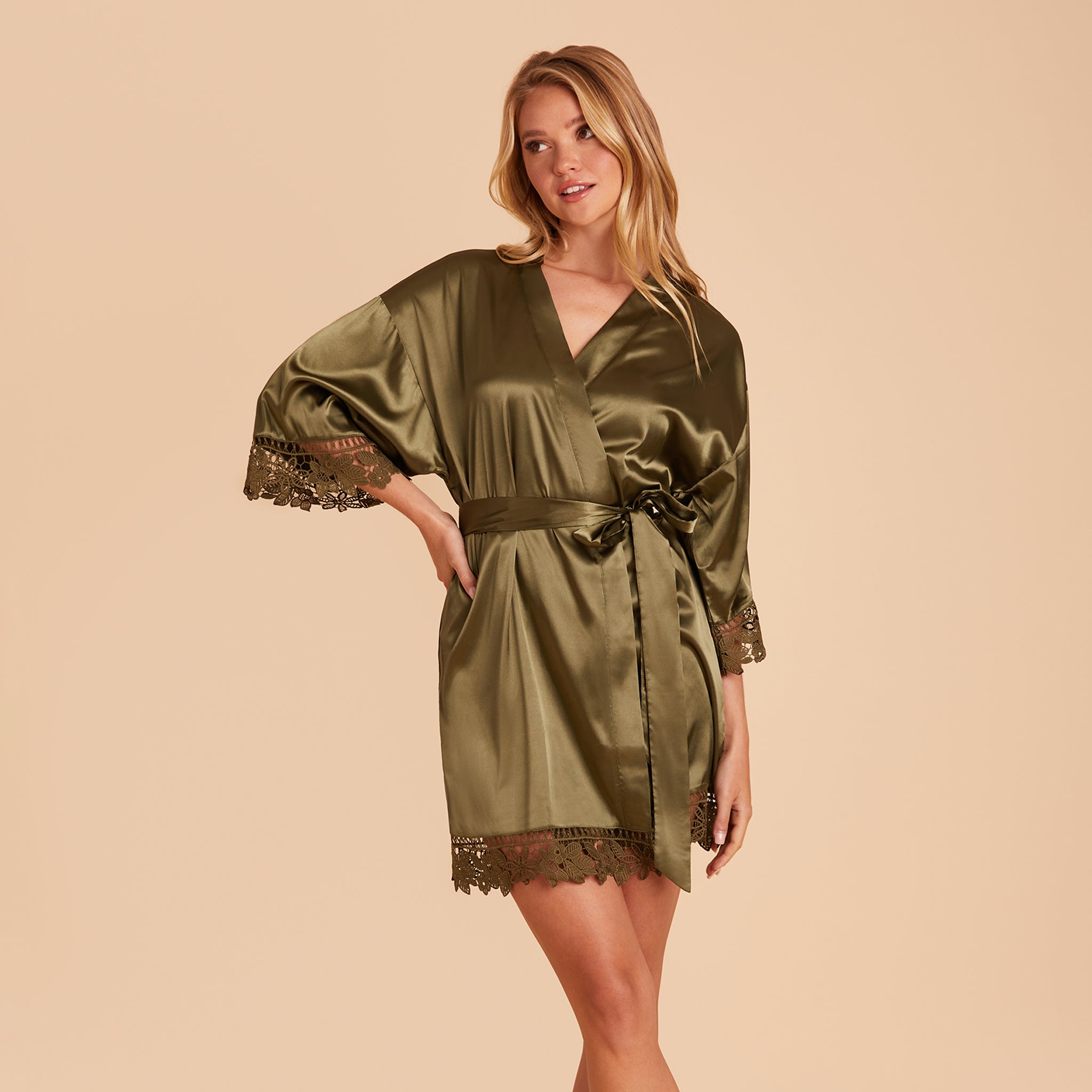 Claudine Lace Robe in Olive by Birdy Grey, front view