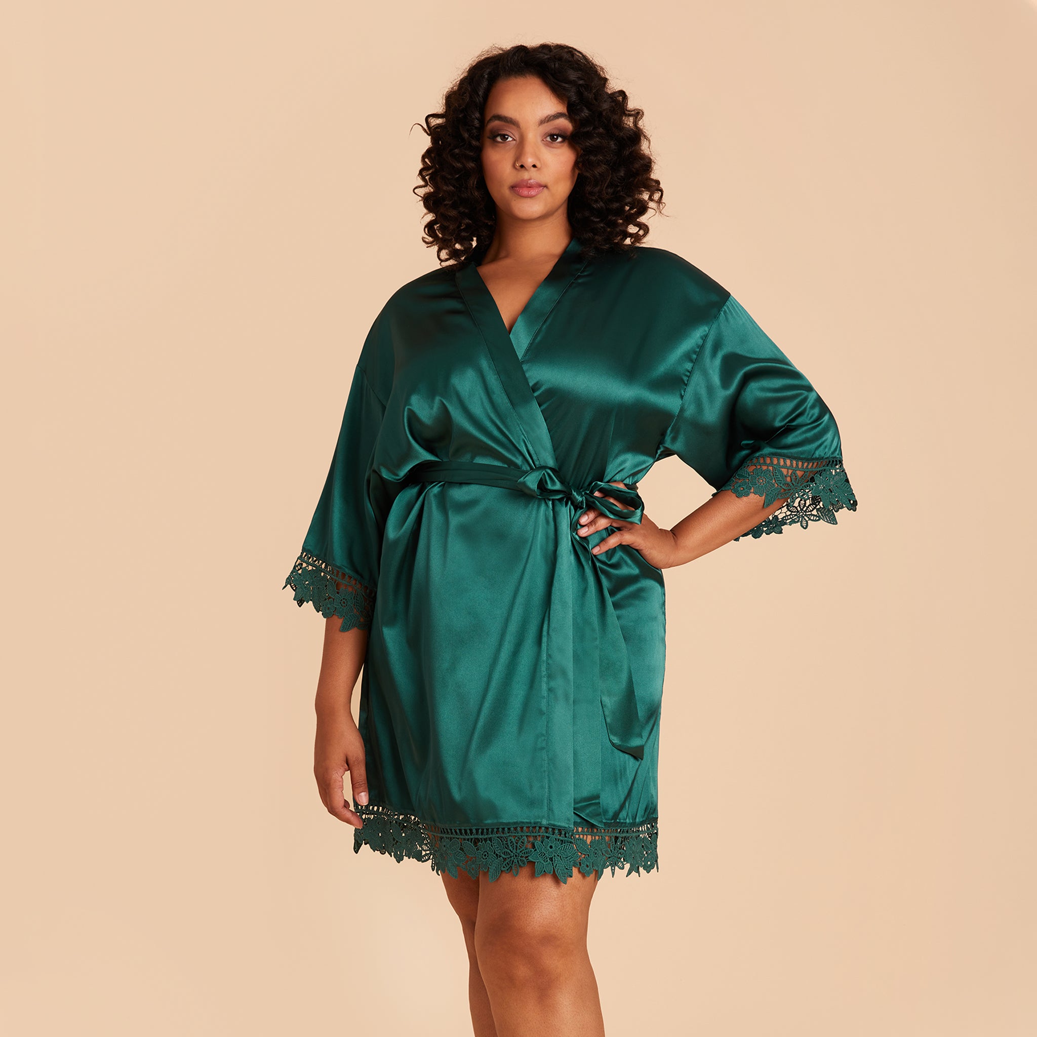Claudine Lace Robe in Emerald by Birdy Grey, front view