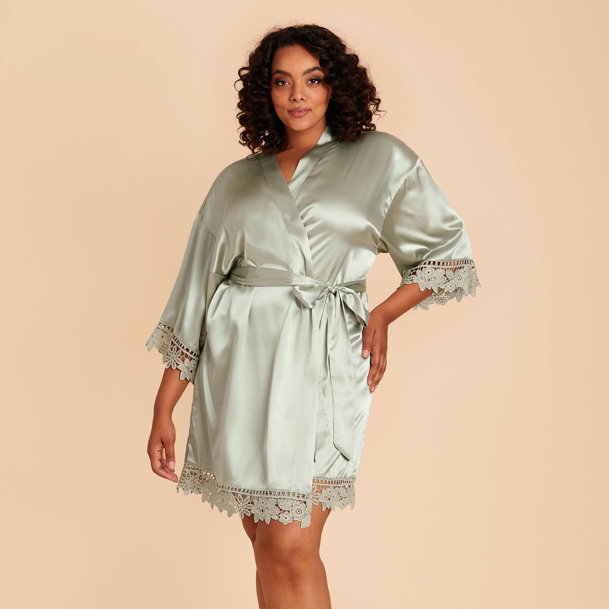 Claudine Lace Robe in Sage by Birdy Grey, front view