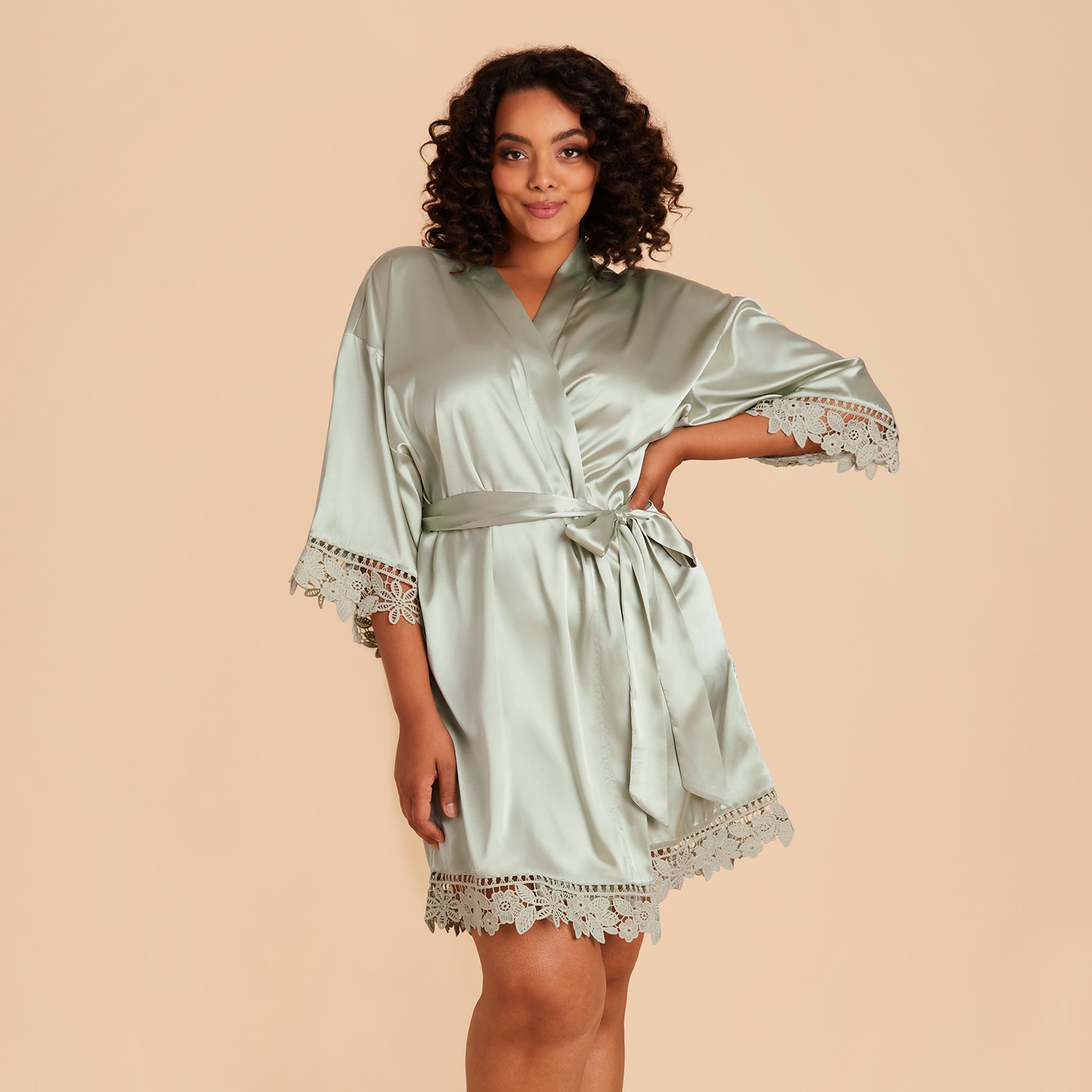 Claudine Lace Robe in Sage by Birdy Grey, front view