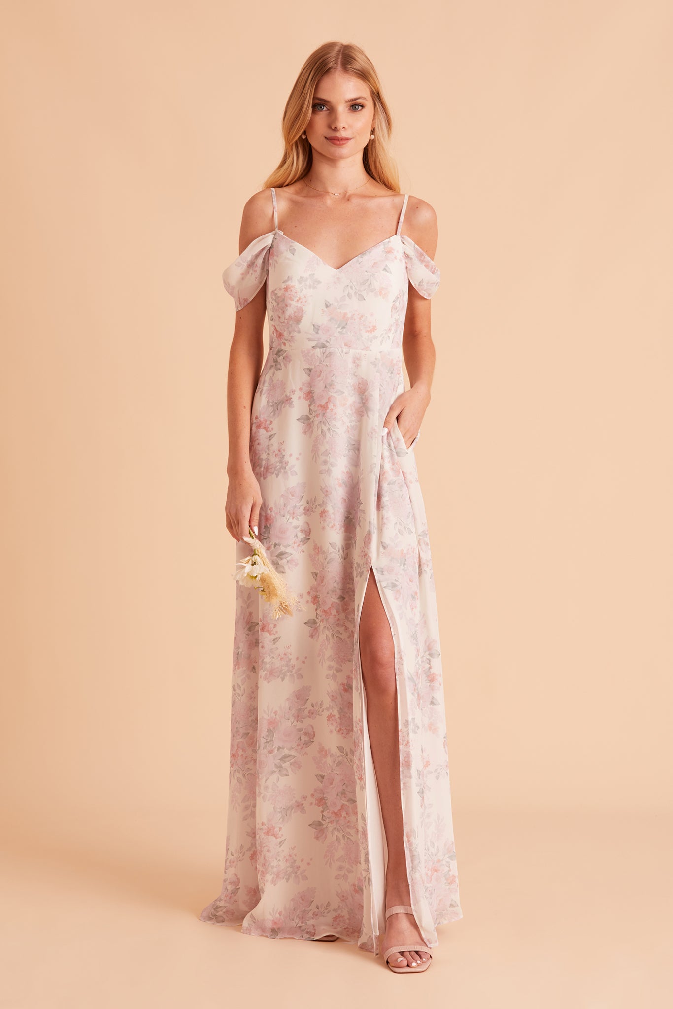 Devin convertible bridesmaid dress with slit in blush bouquet floral print chiffon by Birdy Grey, front view