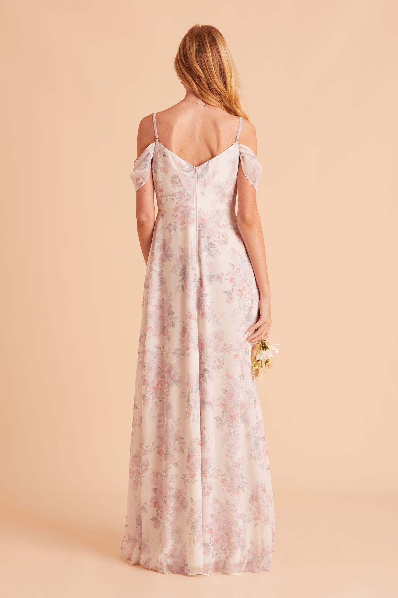 Devin convertible bridesmaid dress with slit in blush bouquet floral print chiffon by Birdy Grey, back view