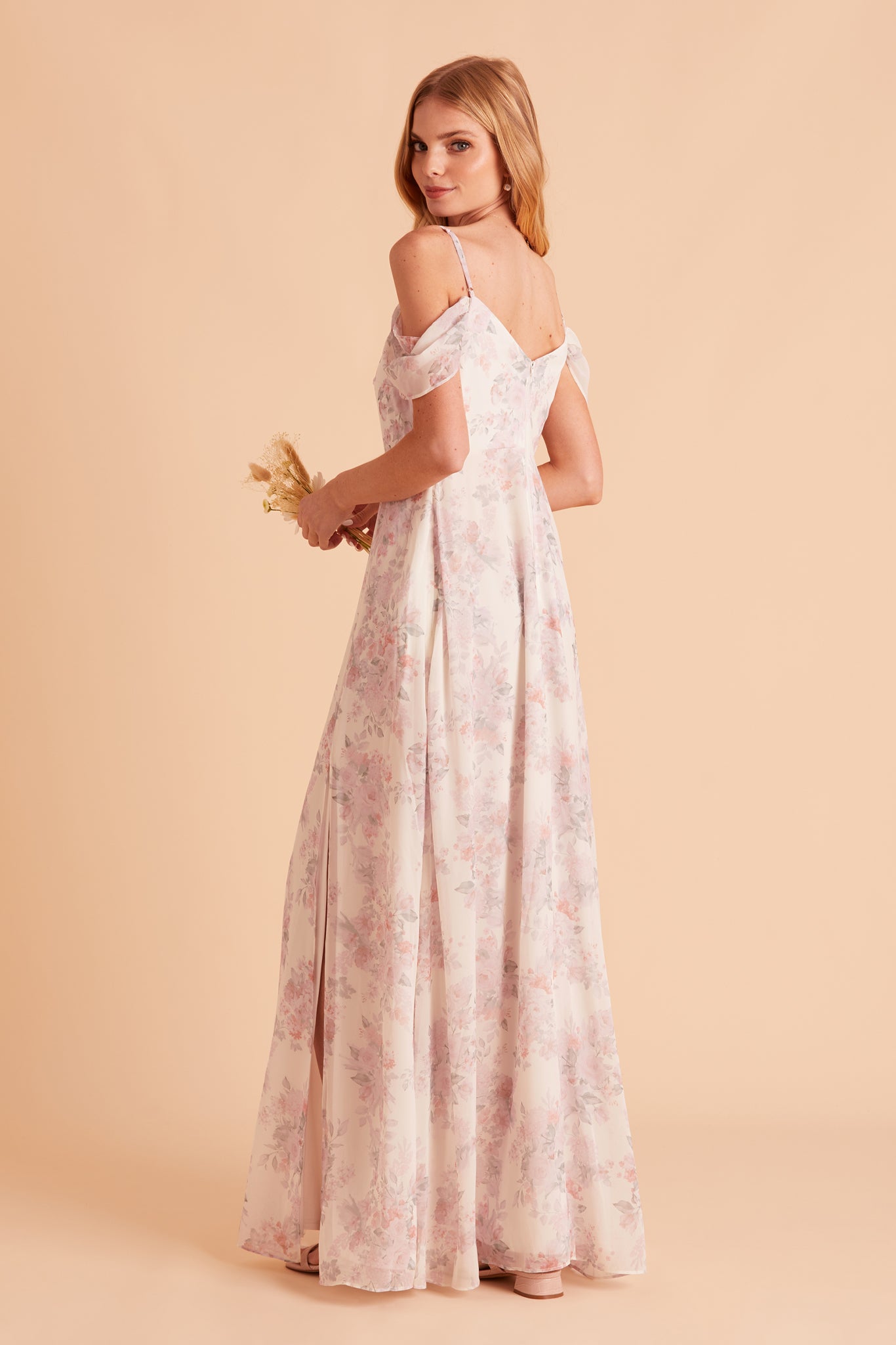Devin convertible bridesmaid dress with slit in blush bouquet floral print chiffon by Birdy Grey, side view