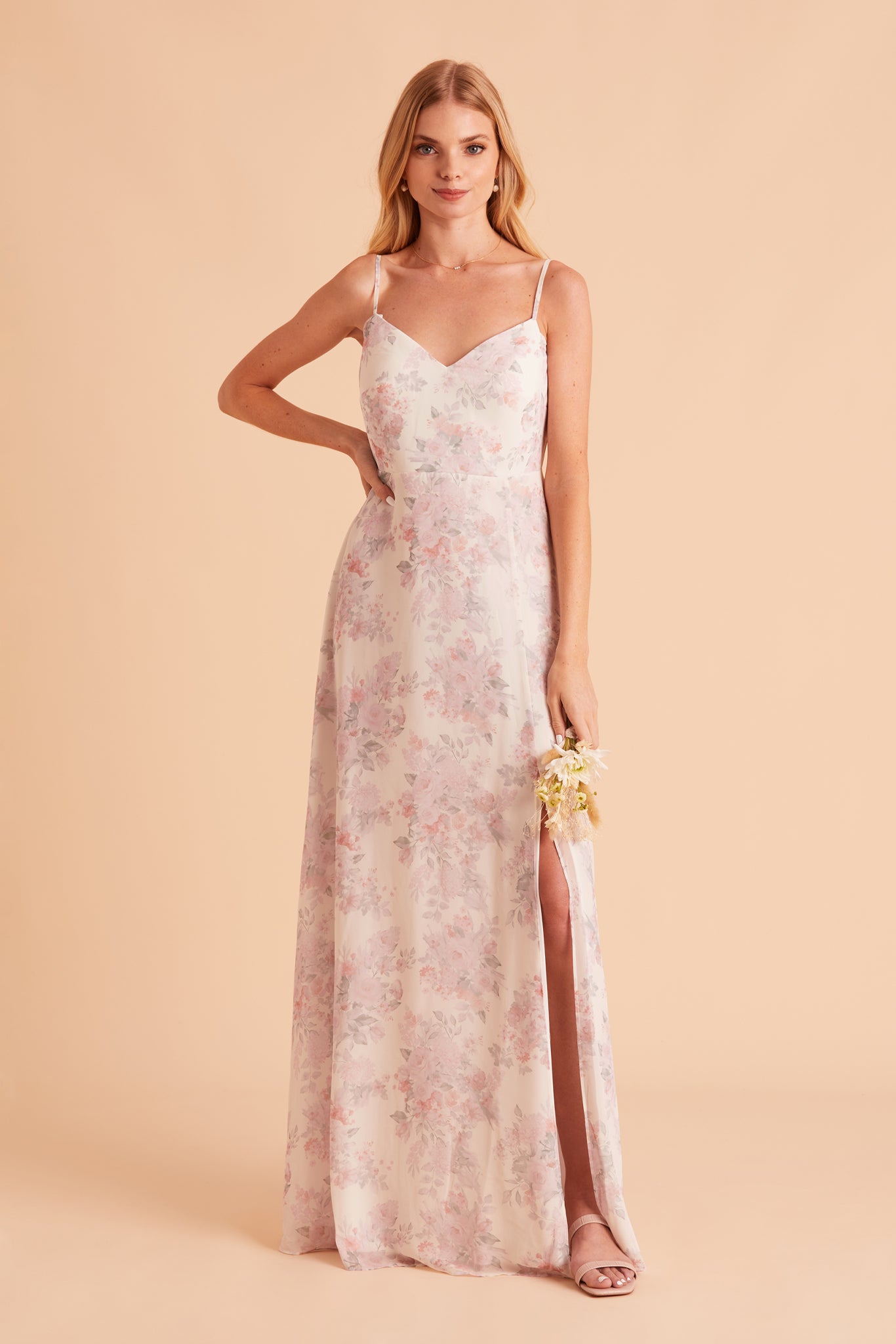 Devin convertible bridesmaid dress with slit in blush bouquet floral print chiffon by Birdy Grey, front view