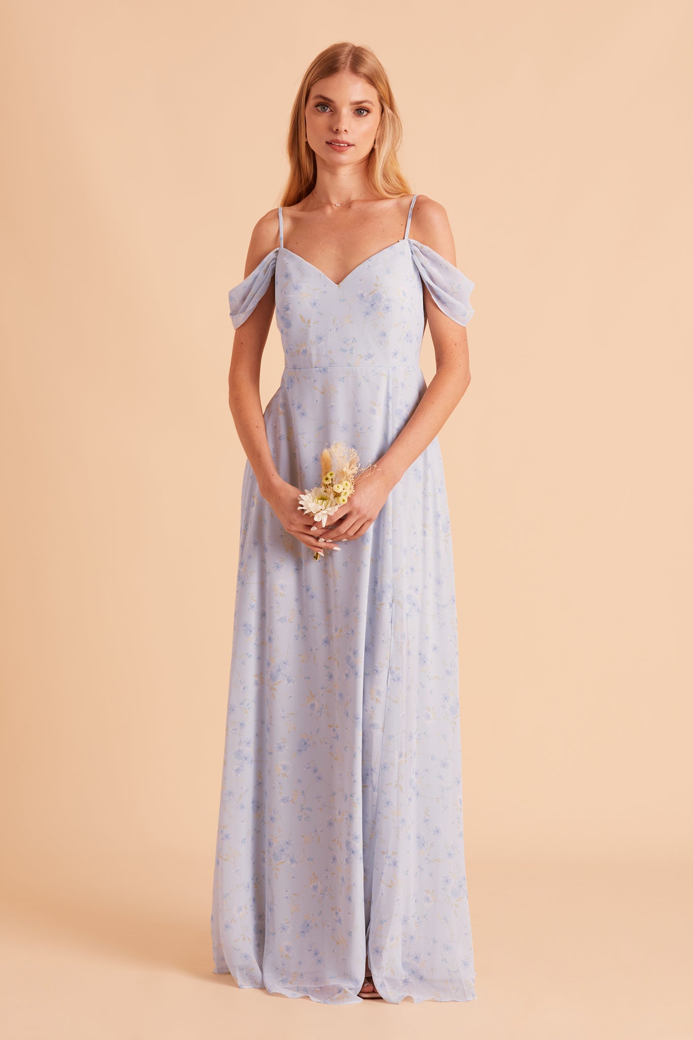 Devin convertible bridesmaid dress with slit in dusty blue floret floral print chiffon by Birdy Grey, front view
