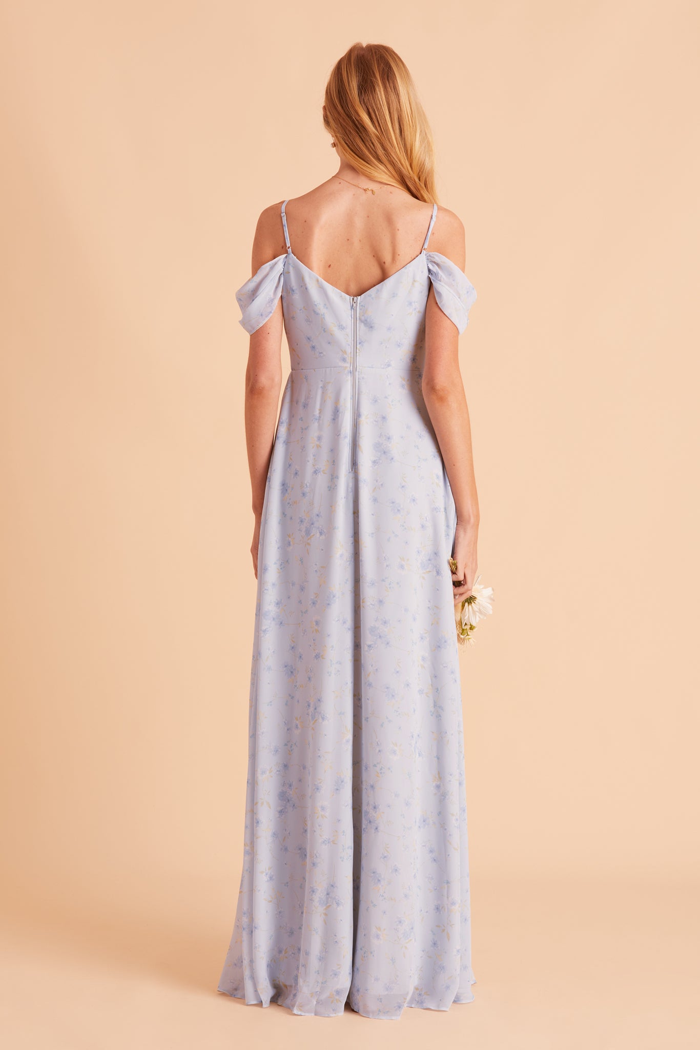 Devin convertible bridesmaid dress with slit in dusty blue floret floral print chiffon by Birdy Grey, back view