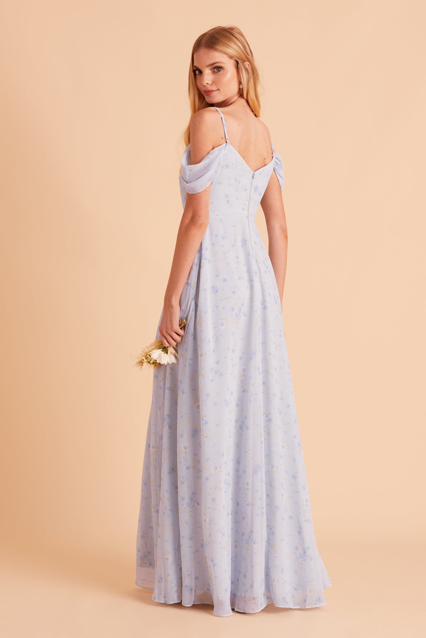 Devin convertible bridesmaid dress with slit in dusty blue floret floral print chiffon by Birdy Grey, side view