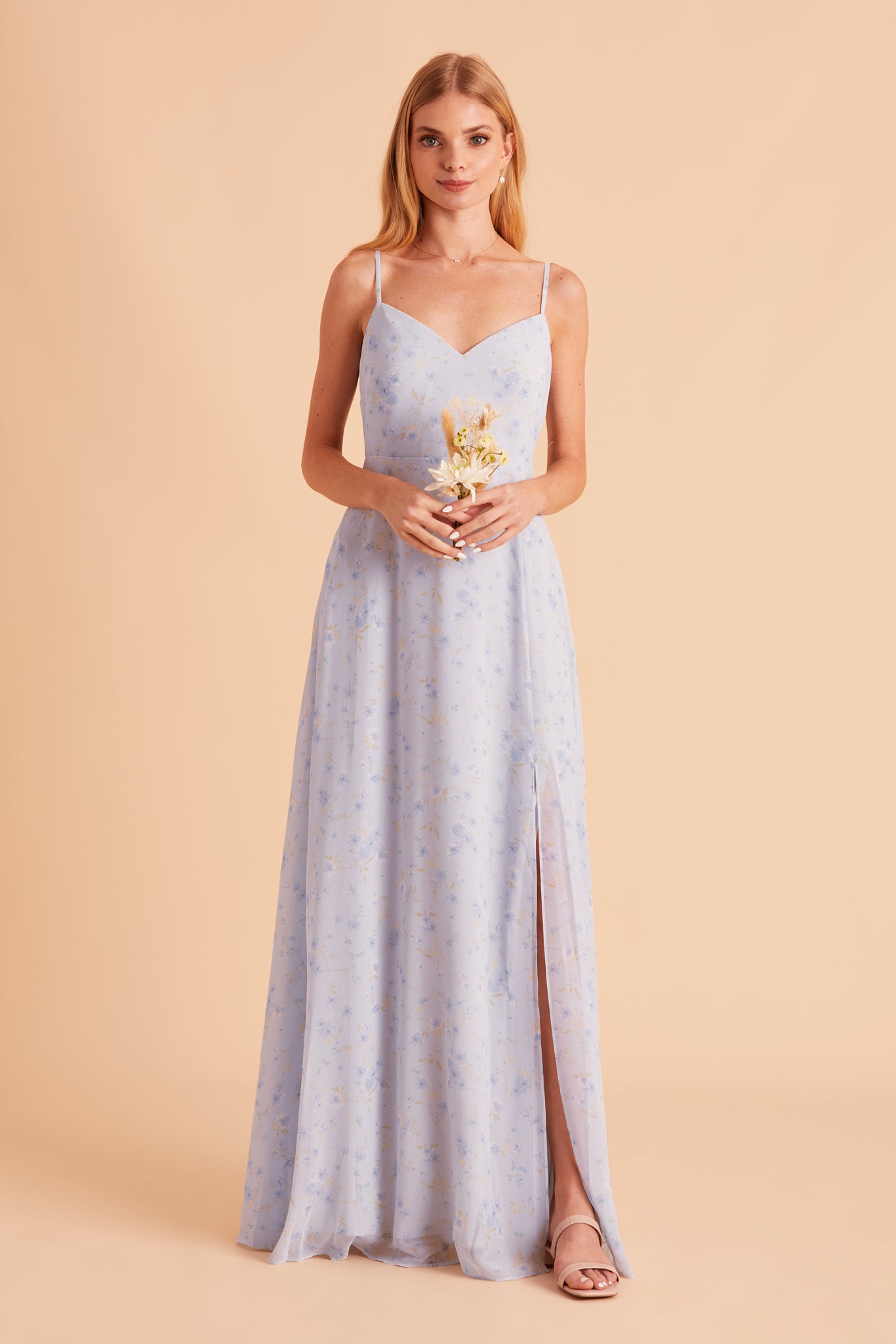 Devin convertible bridesmaid dress with slit in dusty blue floret floral print chiffon by Birdy Grey, front view