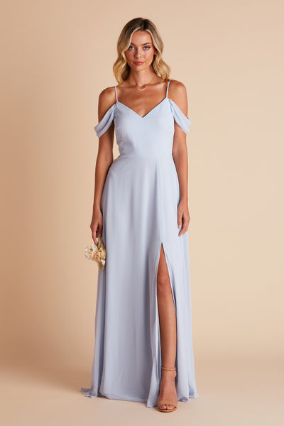 Devin convertible bridesmaid dress with slit in ice blue chiffon by Birdy Grey, front view