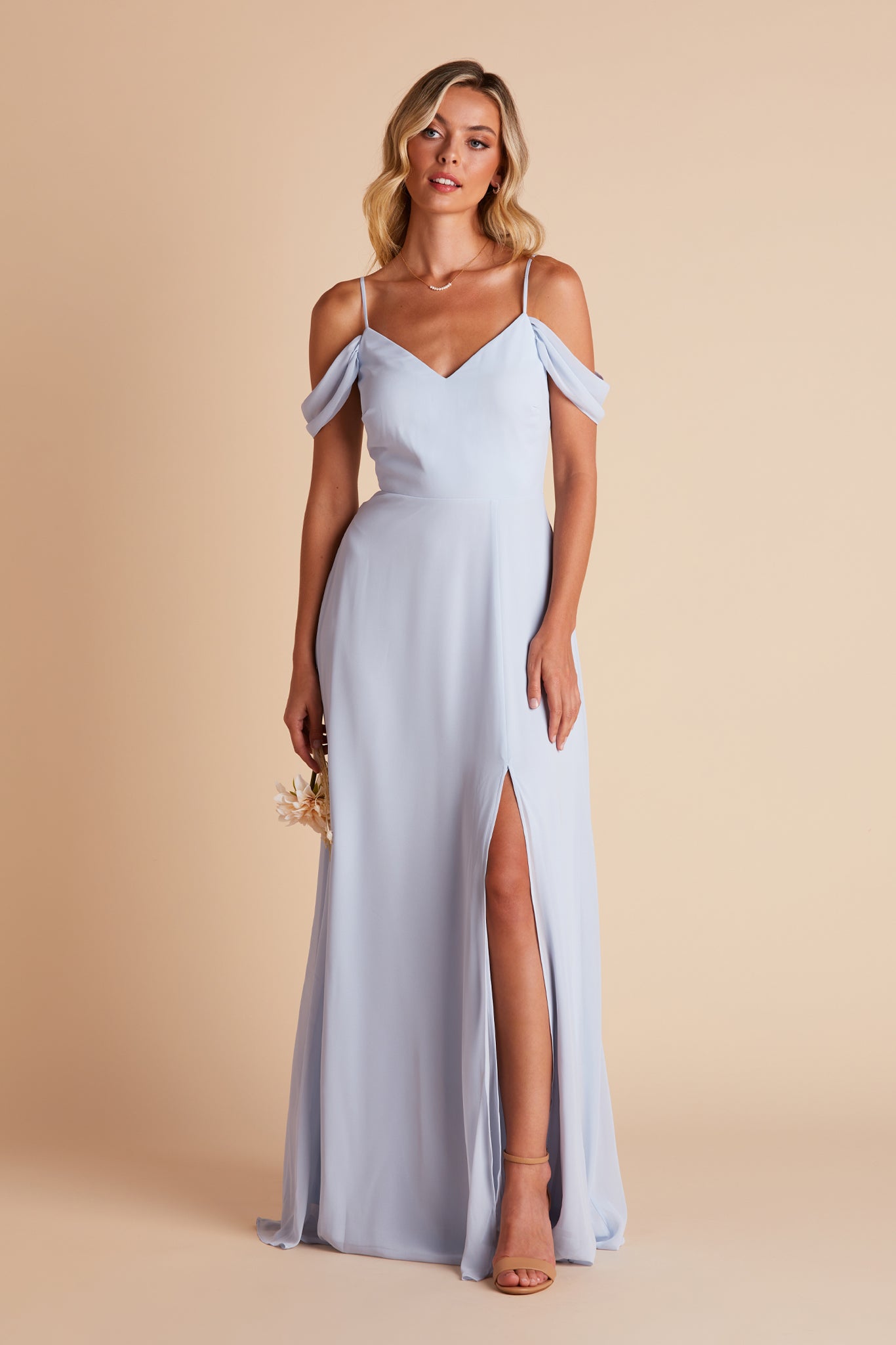 Devin convertible bridesmaid dress with slit in ice blue chiffon by Birdy Grey, front view