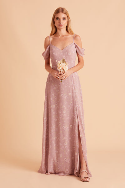 Devin convertible bridesmaid dress with slit in mauve floret floral print chiffon by Birdy Grey, front view