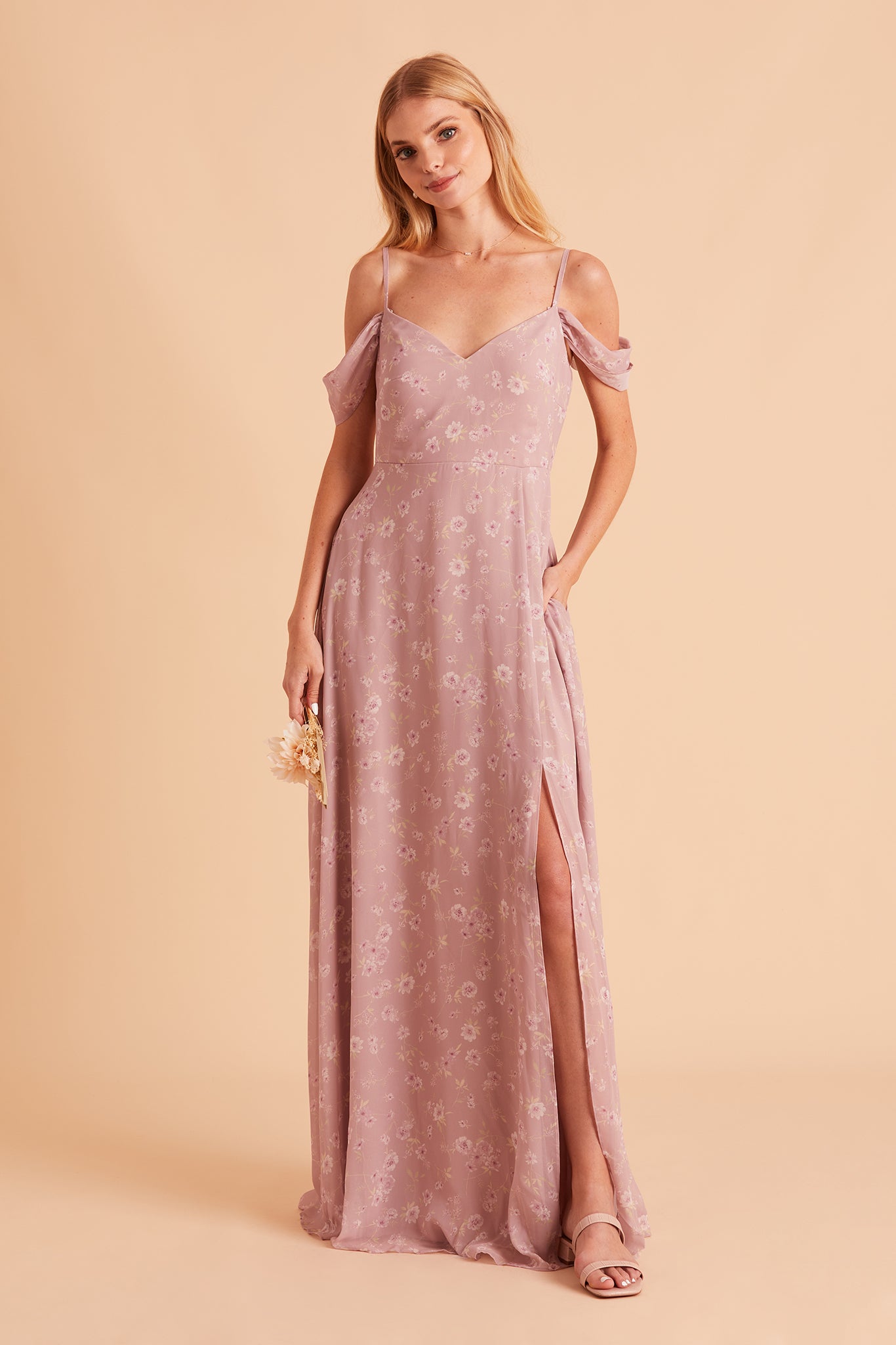 Devin convertible bridesmaid dress with slit in mauve floret floral print chiffon by Birdy Grey, front view