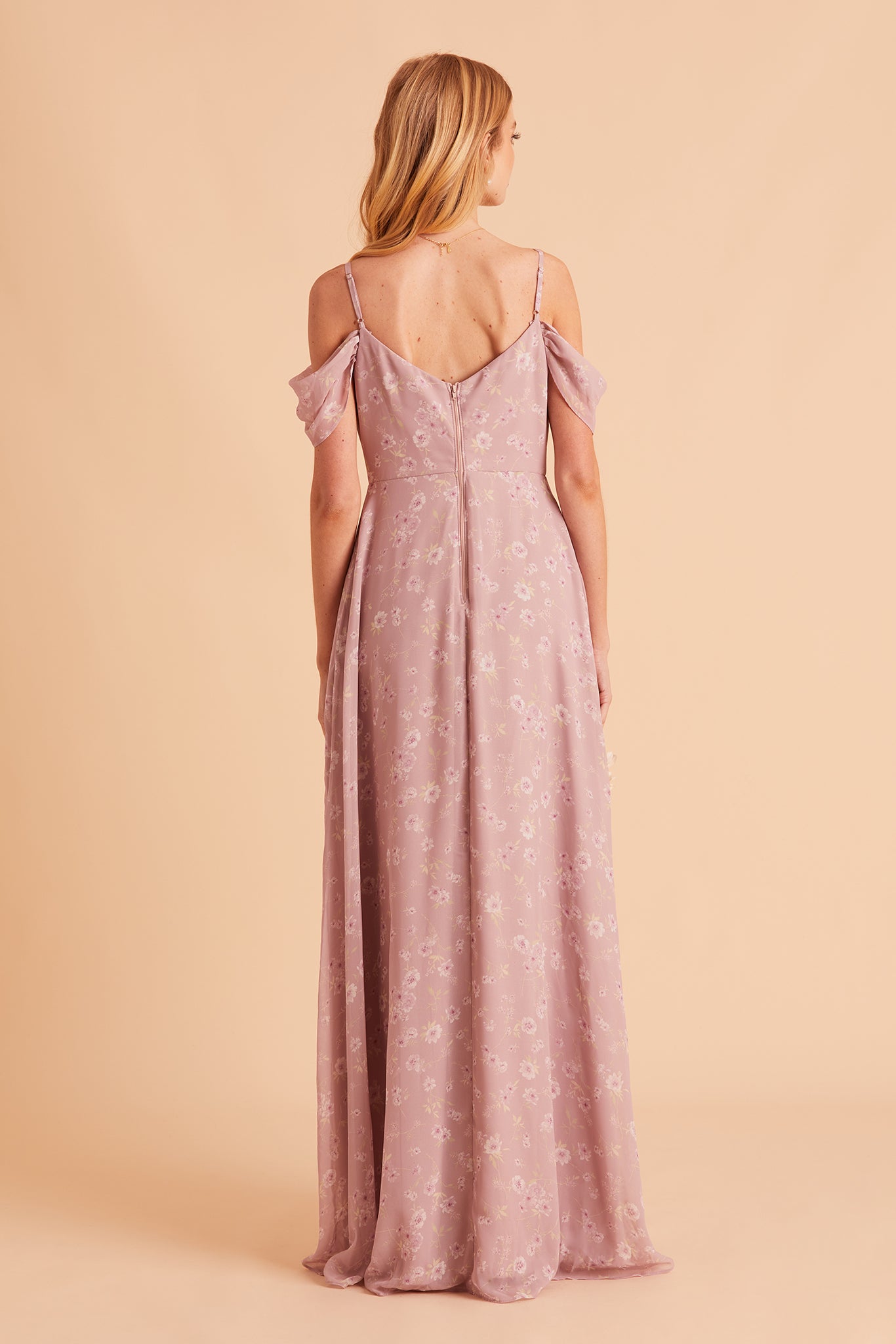 Devin convertible bridesmaid dress with slit in mauve floret floral print chiffon by Birdy Grey, back view