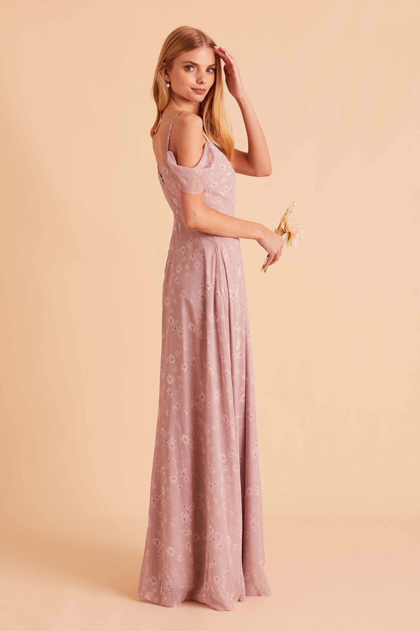 Devin convertible bridesmaid dress with slit in mauve floret floral print chiffon by Birdy Grey, side view