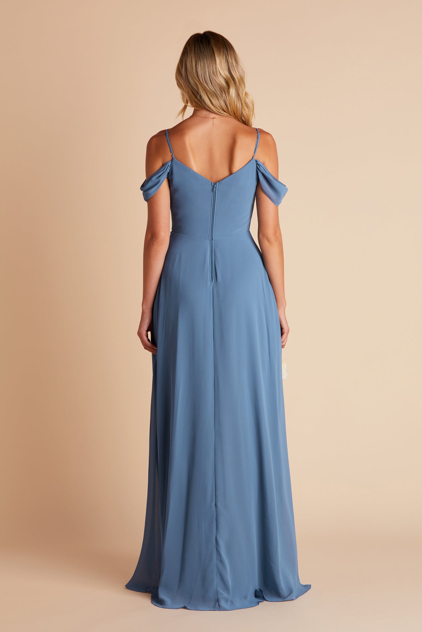 Devin convertible bridesmaids dress with slit in twilight blue chiffon by Birdy Grey, back view