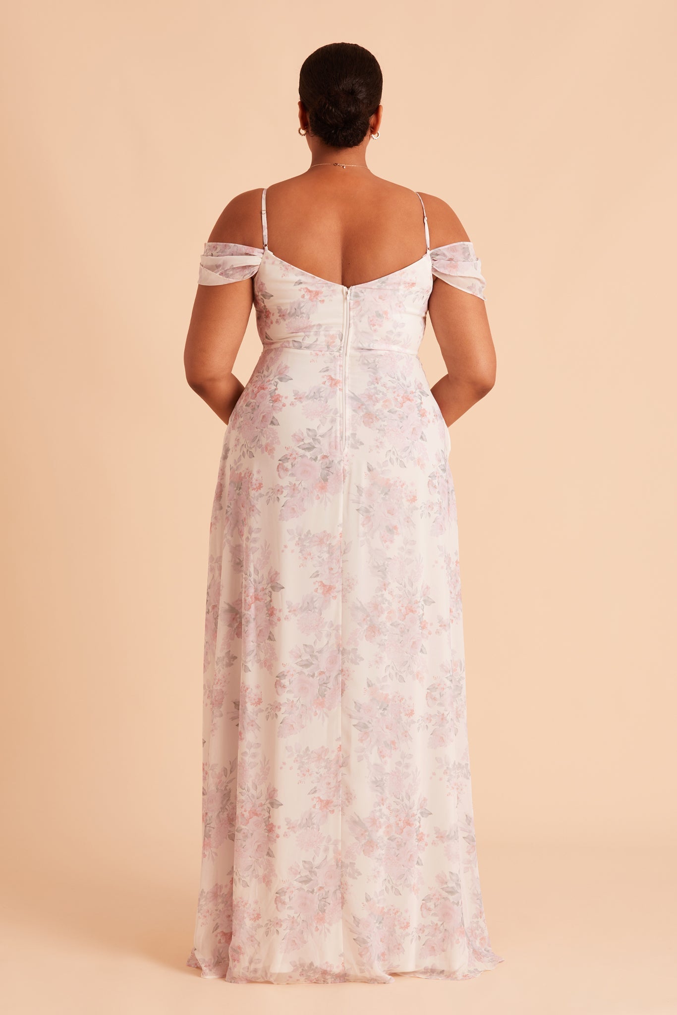 Devin convertible plus size bridesmaid dress with slit in blush bouquet floral chiffon by Birdy Grey, back view