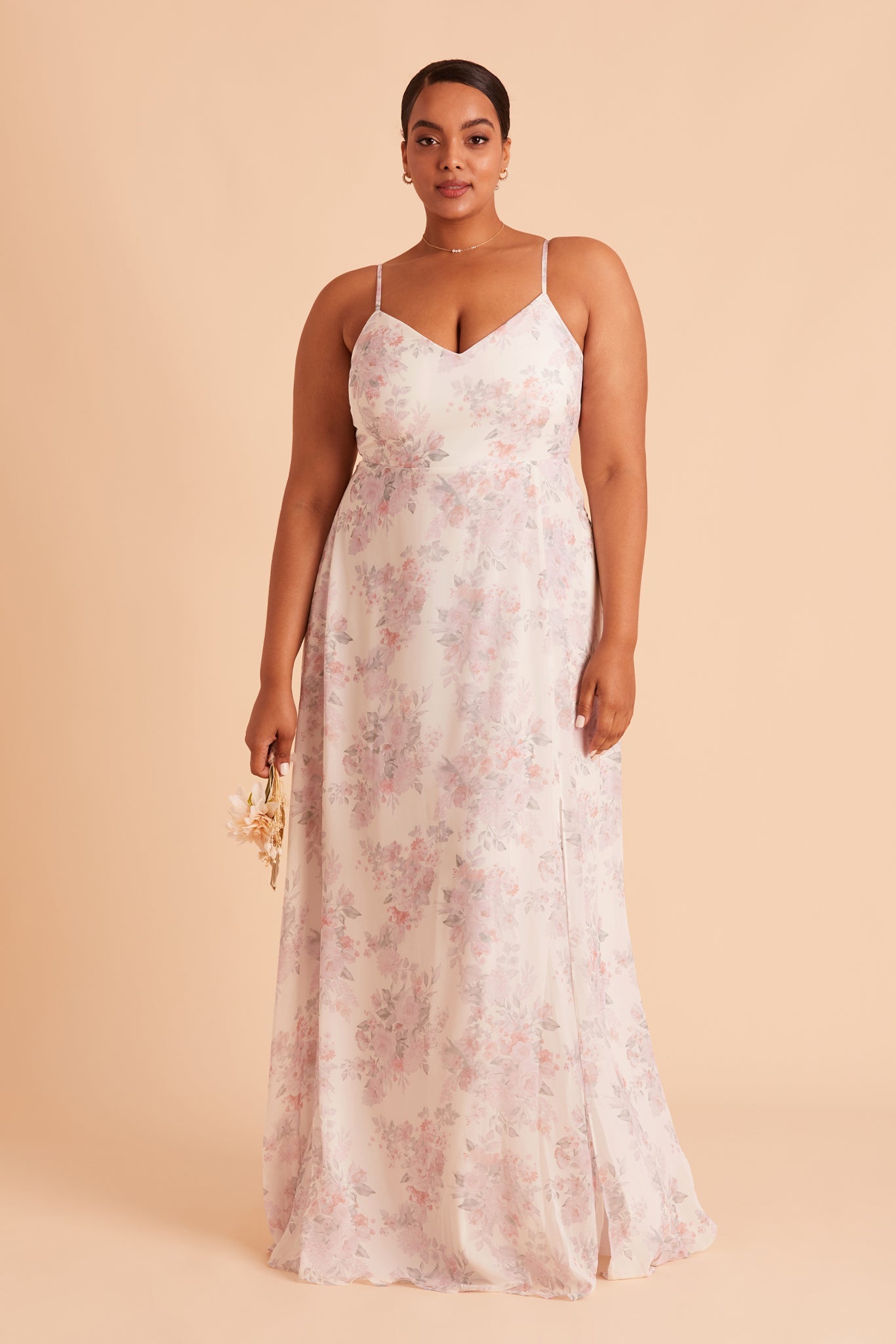 Devin convertible plus size bridesmaid dress with slit in blush bouquet floral chiffon by Birdy Grey, front view