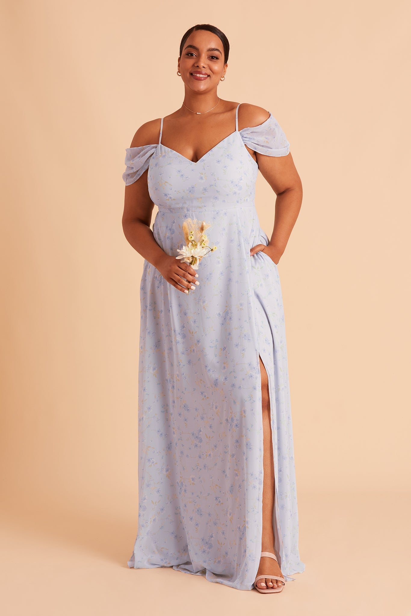 Devin convertible plus size bridesmaid dress with slit in dusty blue floret floral  chiffon by Birdy Grey, front view