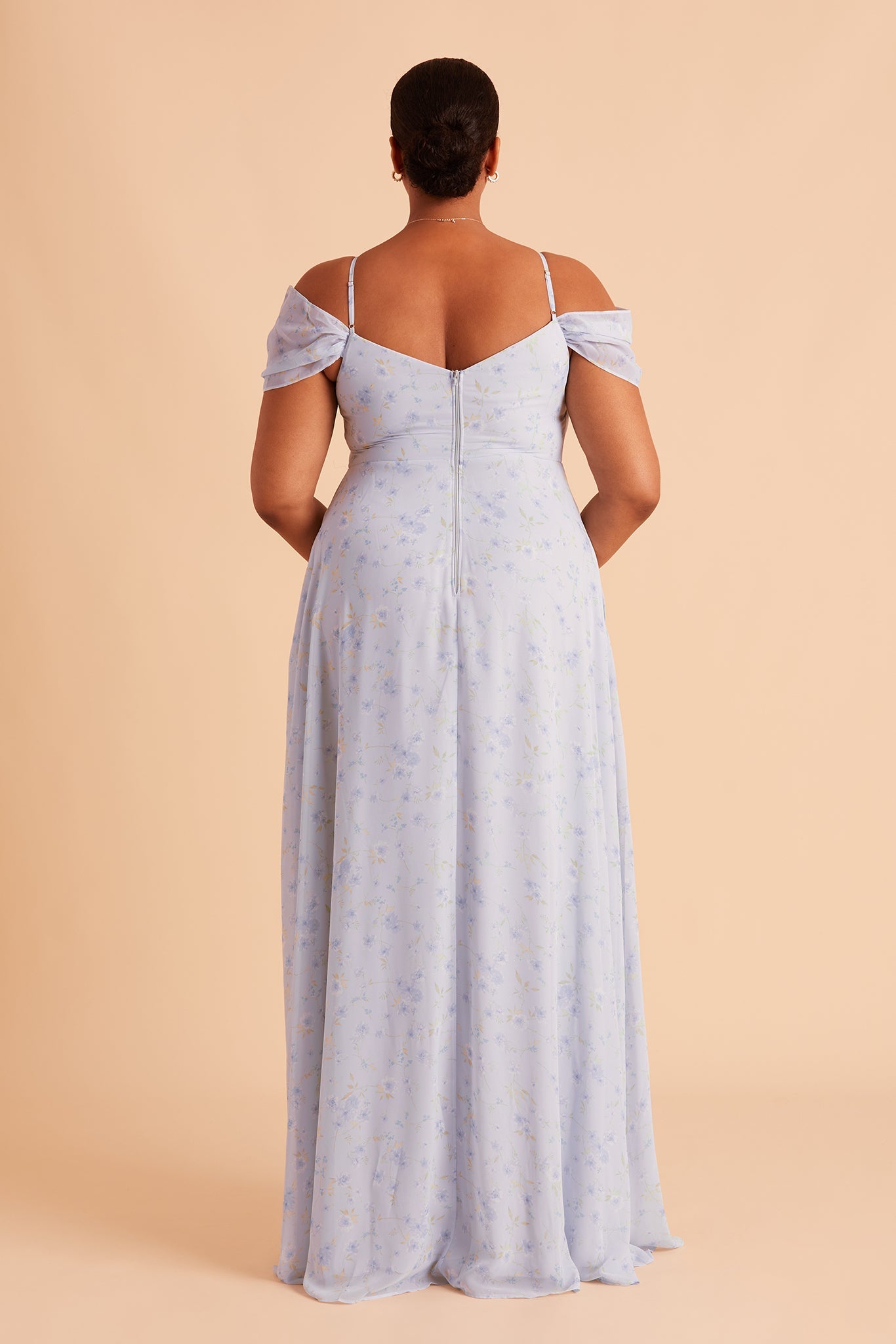 Devin convertible plus size bridesmaid dress with slit in dusty blue floret floral  chiffon by Birdy Grey, back view