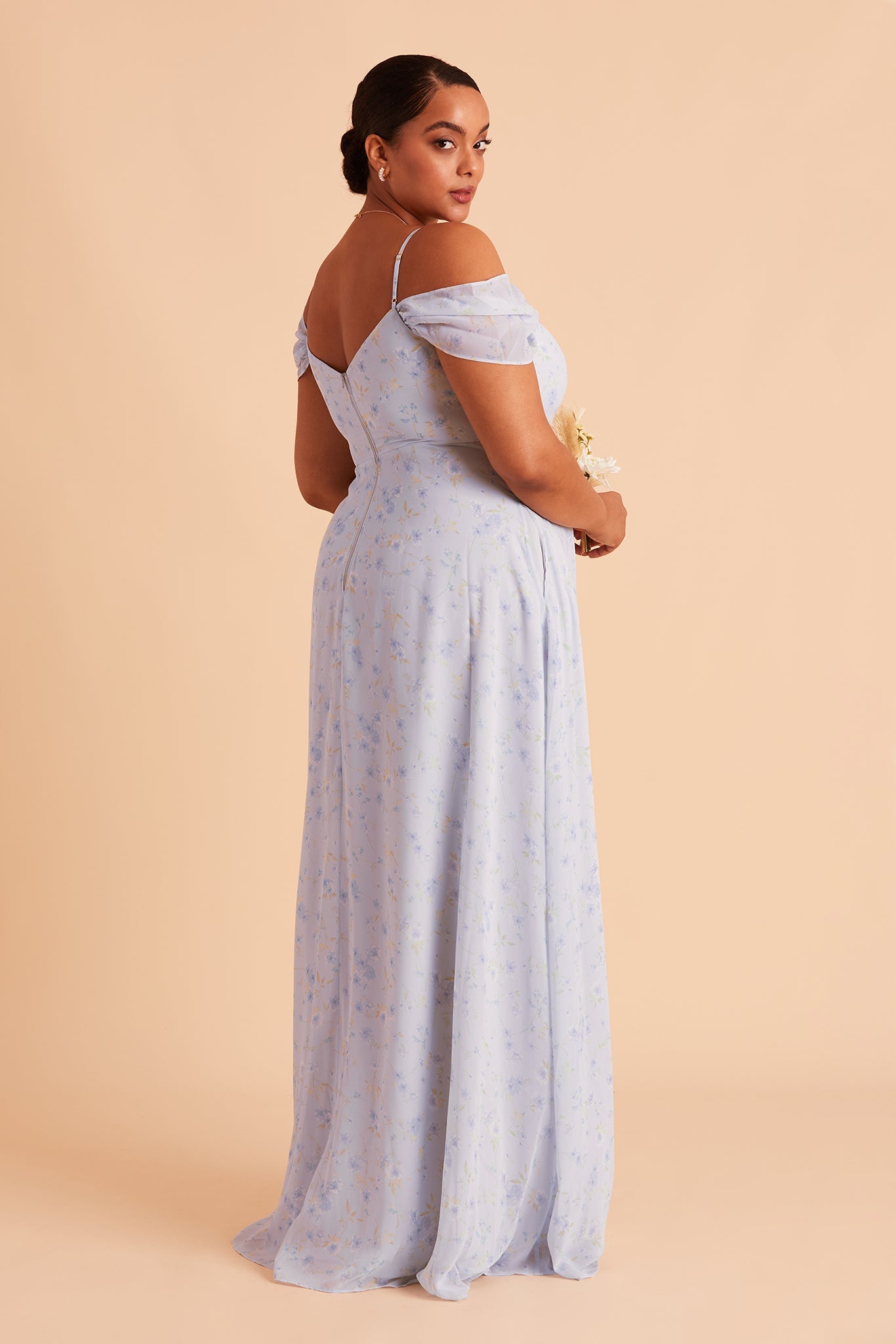 Devin convertible plus size bridesmaid dress with slit in dusty blue floret floral chiffon by Birdy Grey, side view