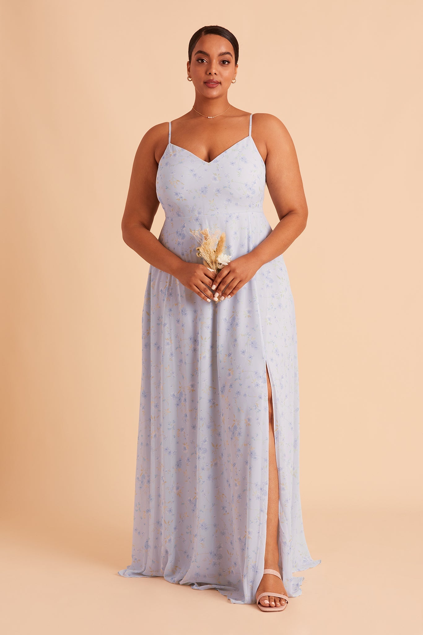 Devin convertible plus size bridesmaid dress with slit in dusty blue floret floral chiffon by Birdy Grey, front view