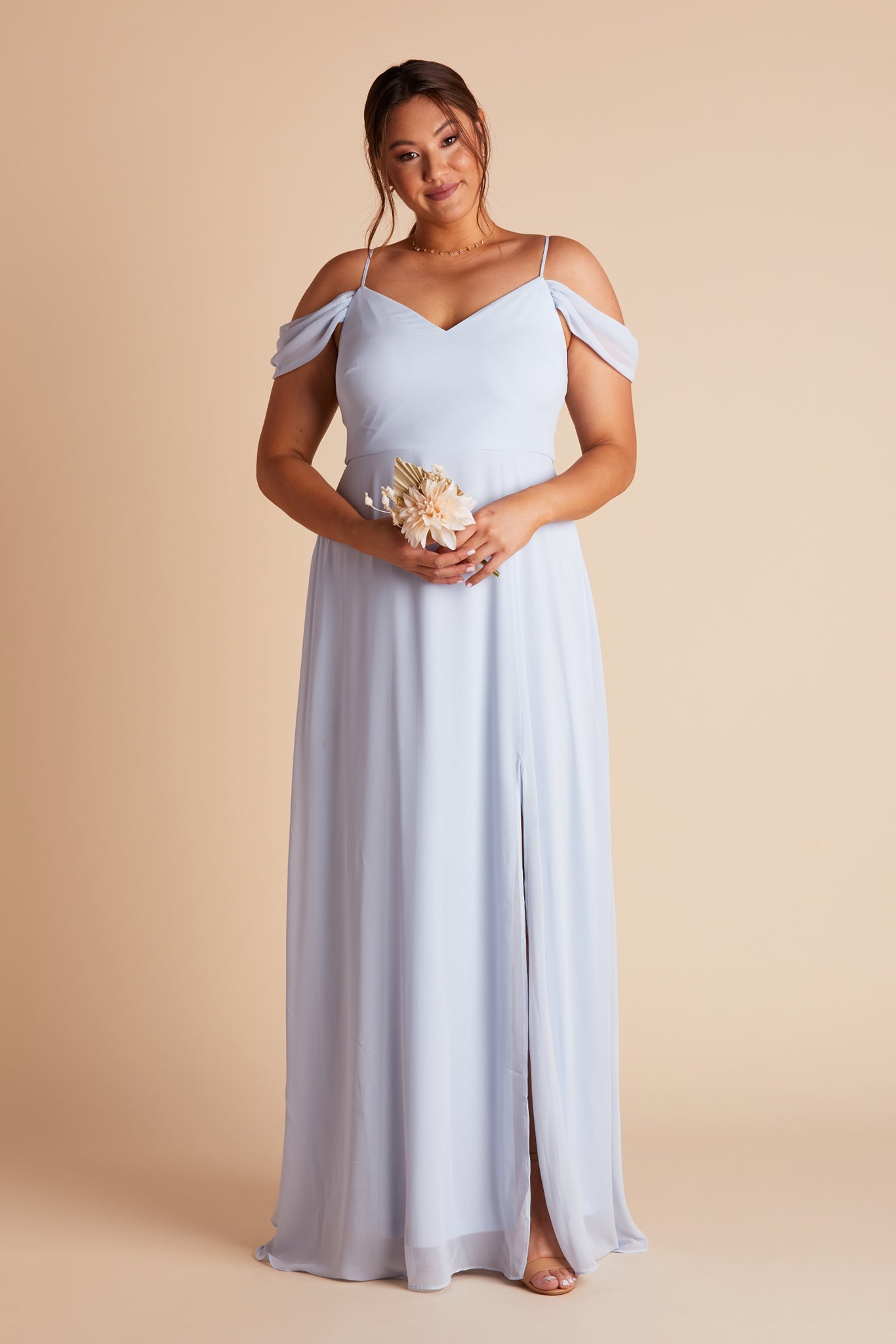 Devin convertible plus size bridesmaid dress with slit in ice blue chiffon by Birdy Grey, front view