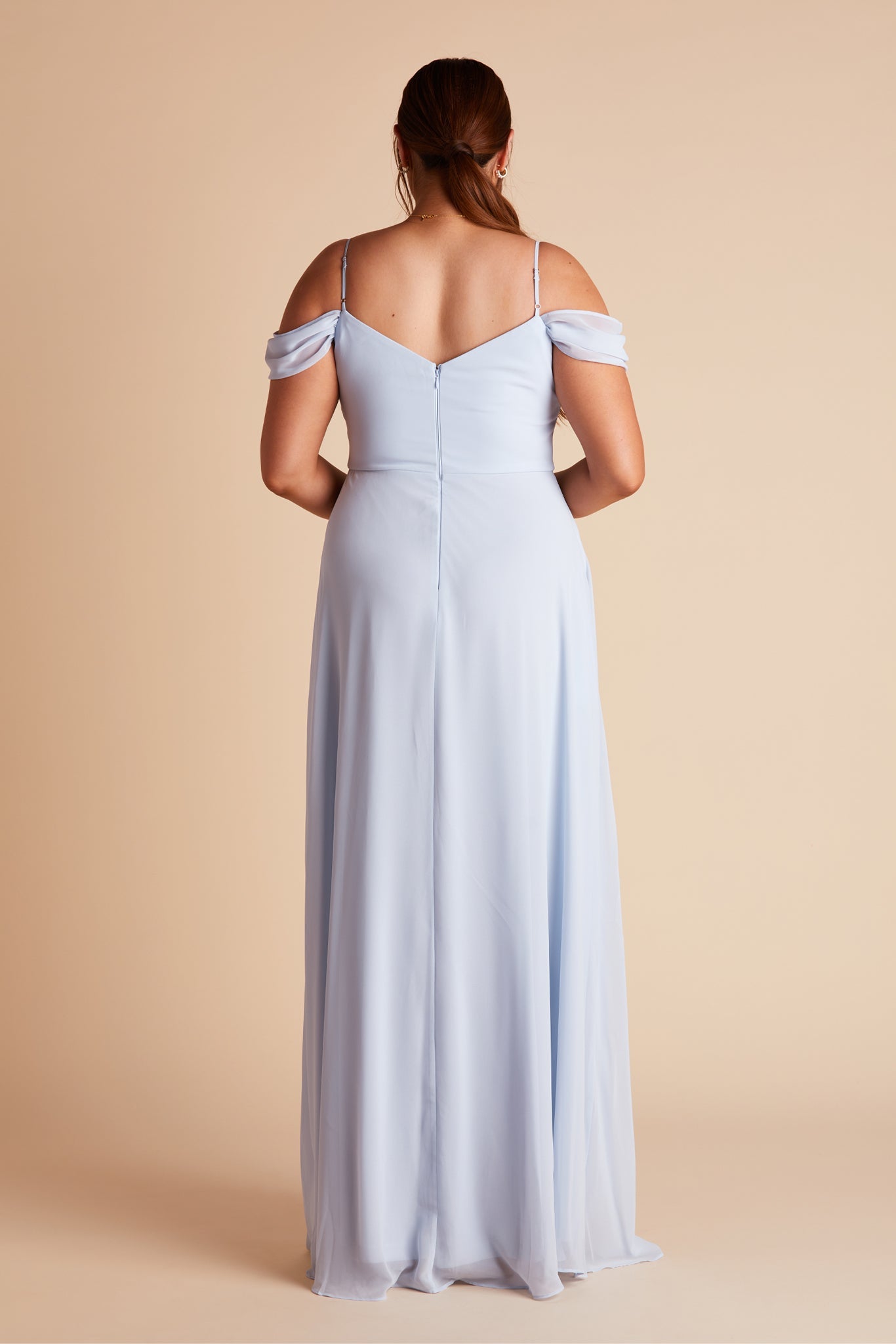 Devin convertible plus size bridesmaid dress with slit in ice blue chiffon by Birdy Grey, back view