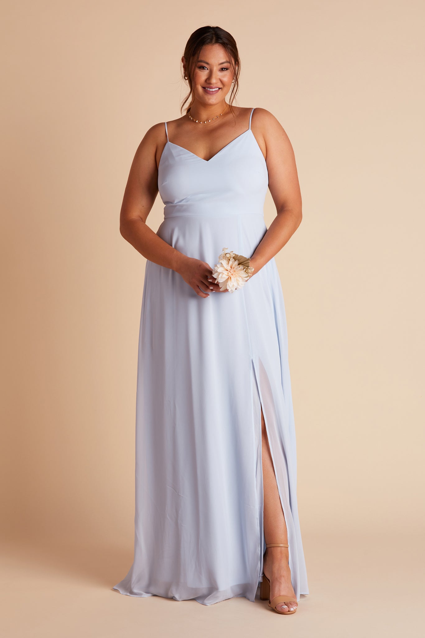 Devin convertible plus size bridesmaid dress with slit in ice blue chiffon by Birdy Grey, front view