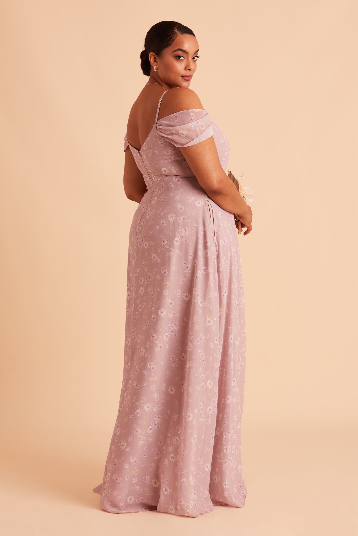 Devin convertible plus size bridesmaid dress with slit in mauve floret floral chiffon by Birdy Grey, side view
