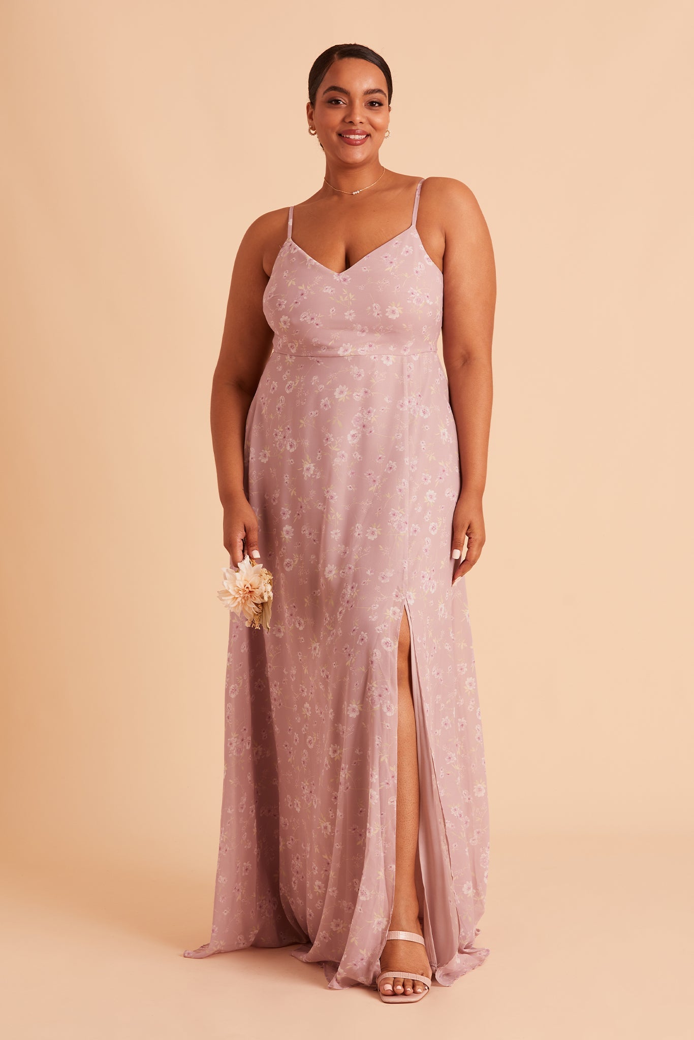 Devin convertible plus size bridesmaid dress with slit in mauve floret floral chiffon by Birdy Grey, front view