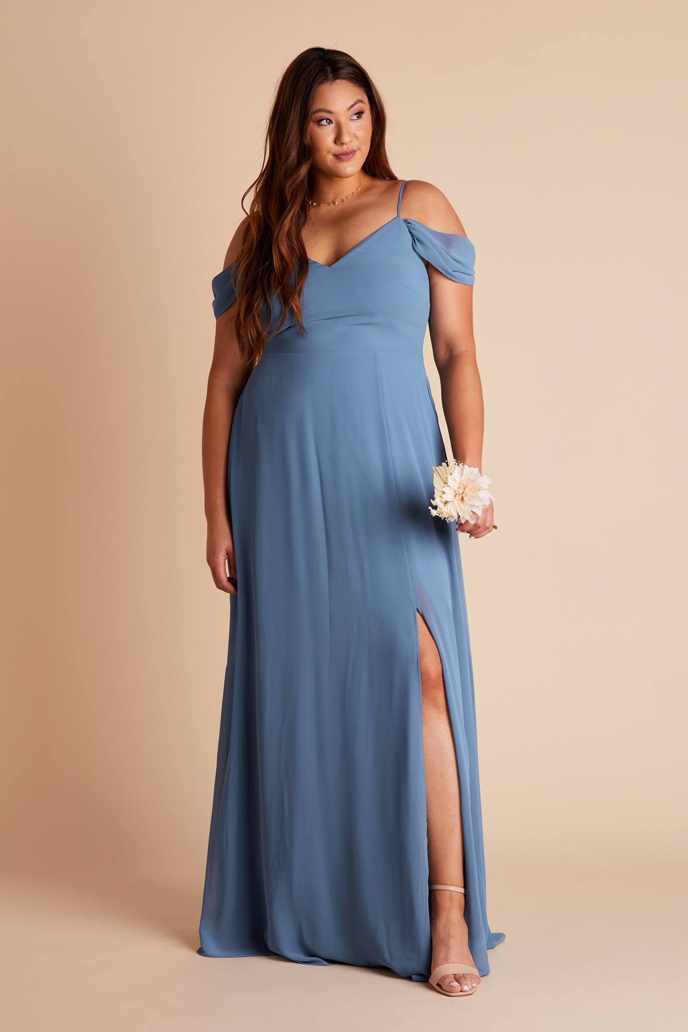Devin convertible plus size bridesmaids dress with slit in twilight blue chiffon by Birdy Grey, front view