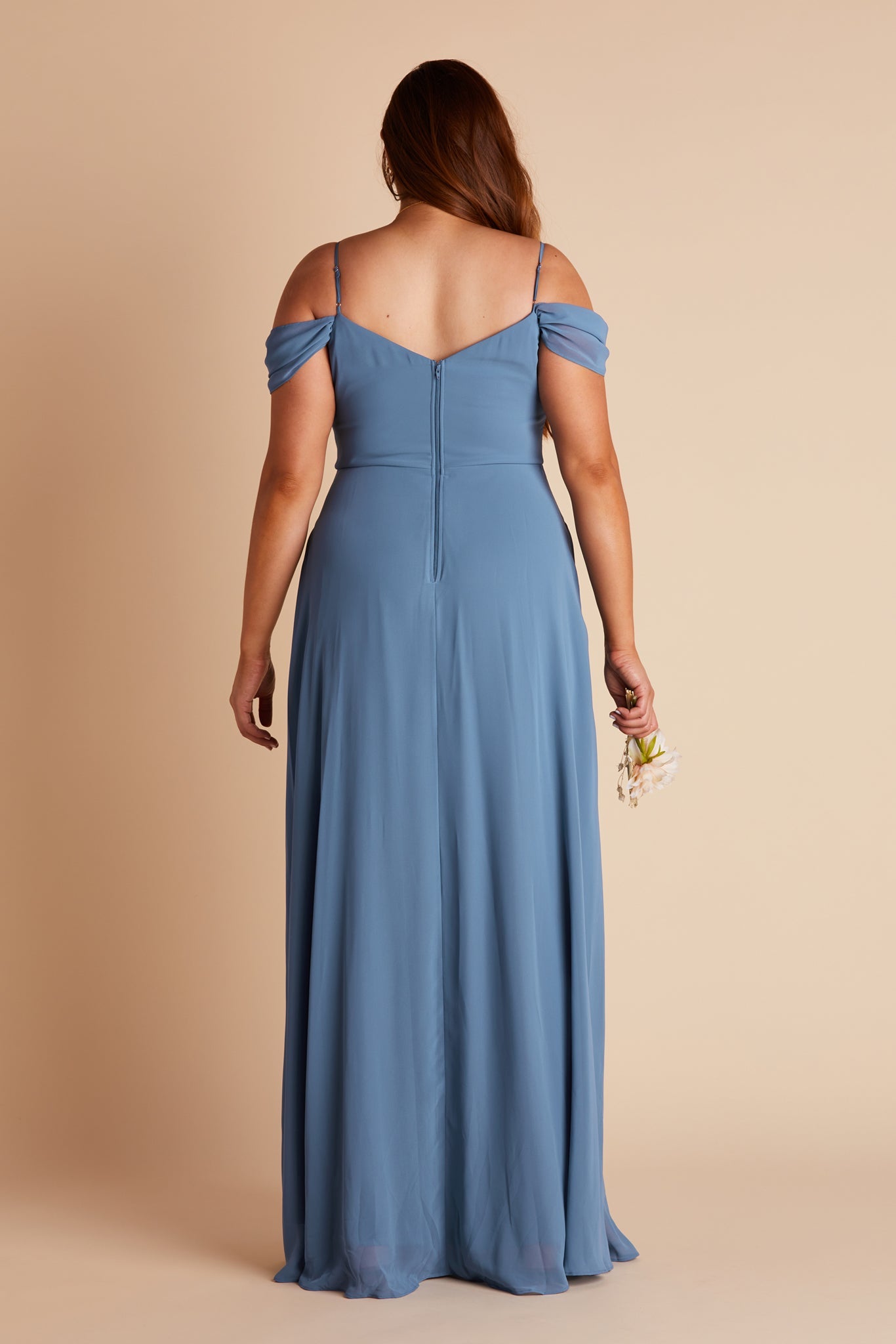 Devin convertible plus size bridesmaids dress with slit in twilight blue chiffon by Birdy Grey, back view