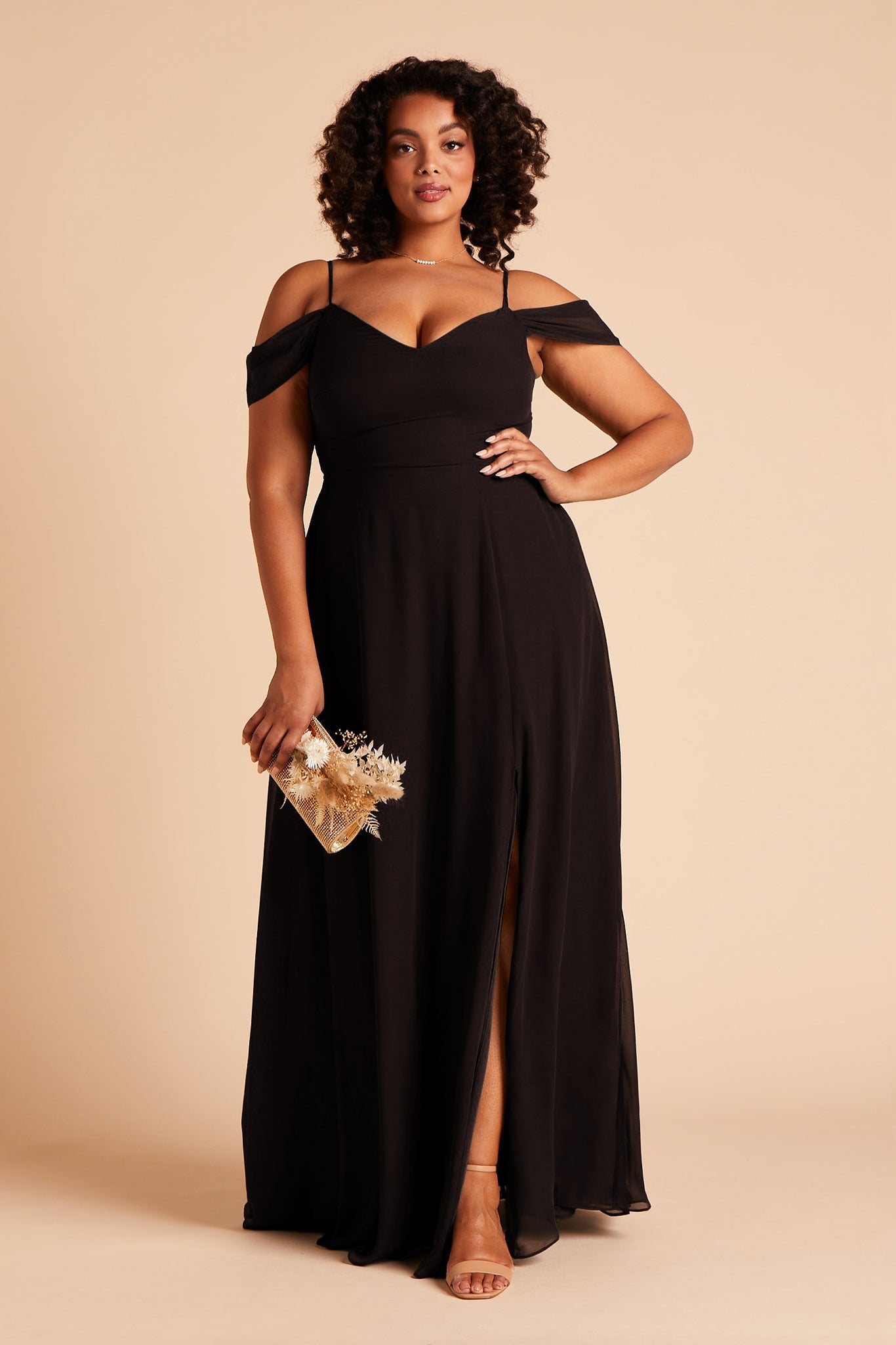 Plus size Long floor-sweeping black chiffon bridesmaid dress with slit and a V-neckline and no sleeves