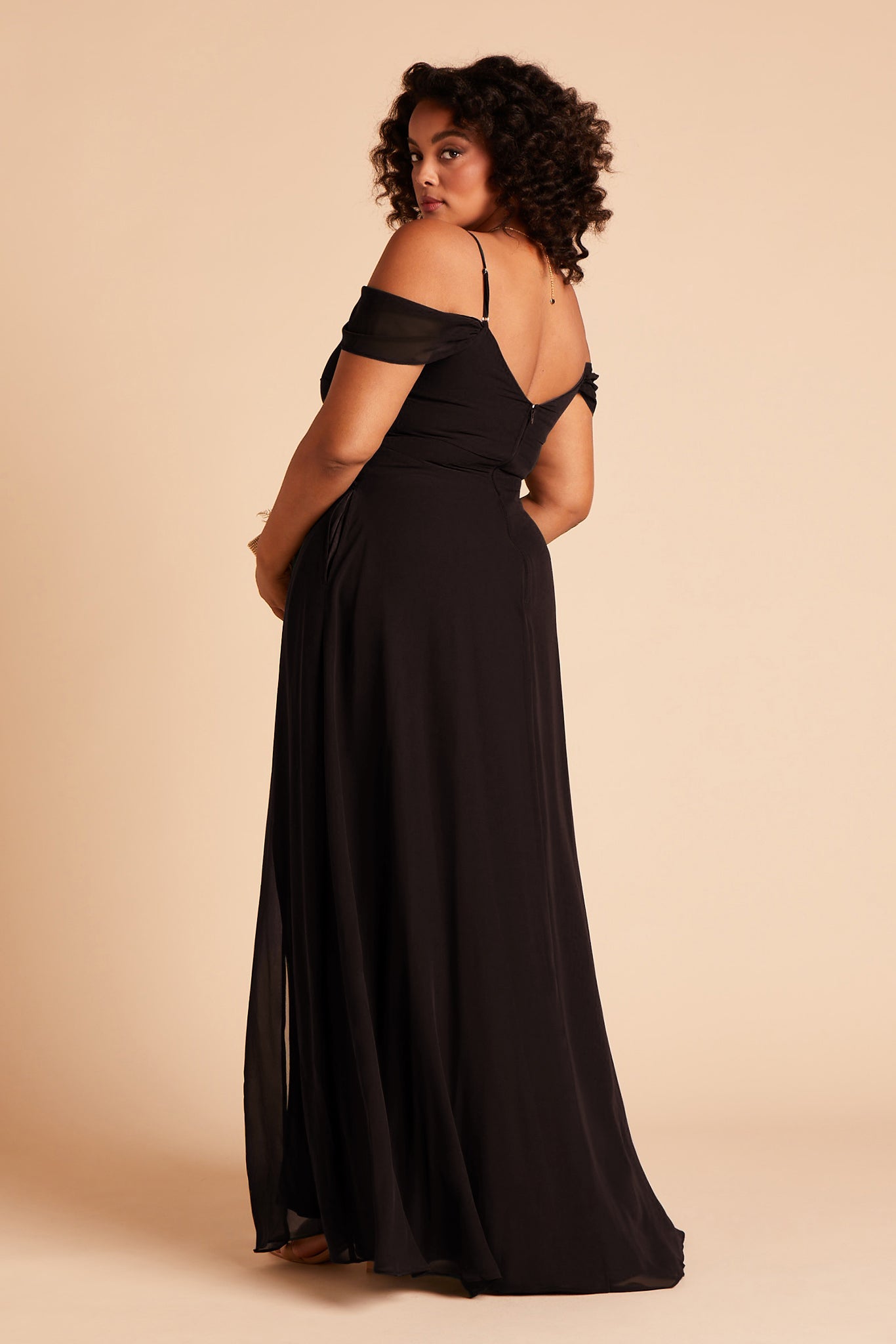 Plus size Long floor-sweeping black chiffon bridesmaid dress with slit and a V-neckline and sleeves