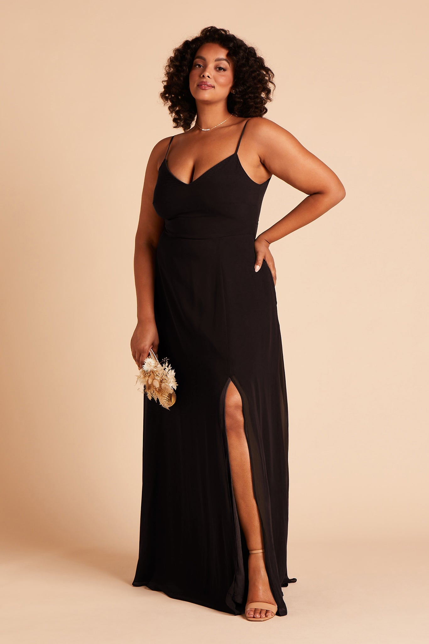 Plus size Long floor-sweeping black chiffon bridesmaid dress with slit and a V-neckline and no sleeves