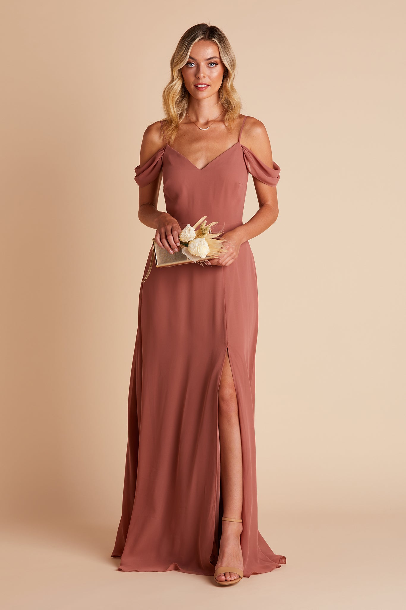 Devin convertible bridesmaid dress with slit in desert rose chiffon by Birdy Grey, front view