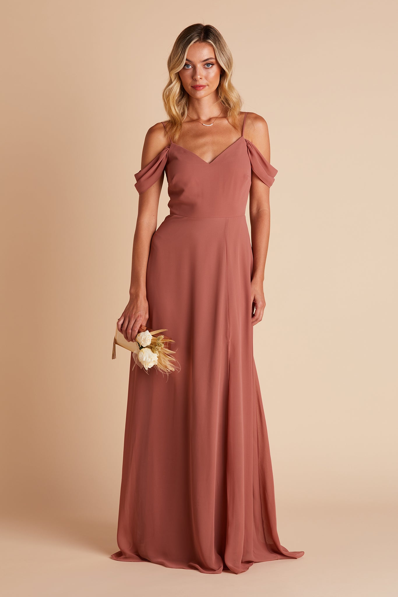 Devin convertible bridesmaid dress with slit in desert rose chiffon by Birdy Grey, front view