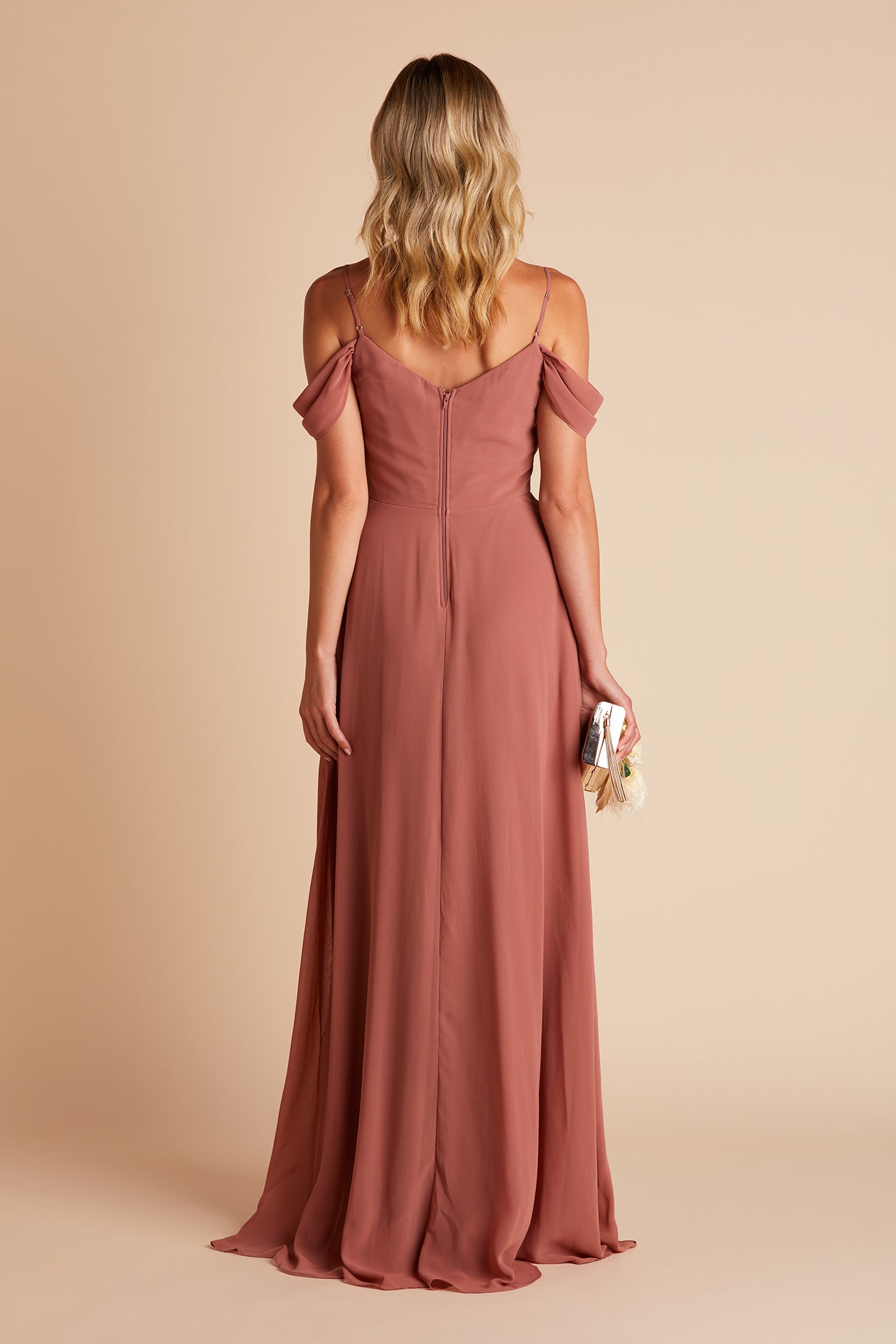 Devin convertible bridesmaid dress with slit in desert rose chiffon by Birdy Grey, back view