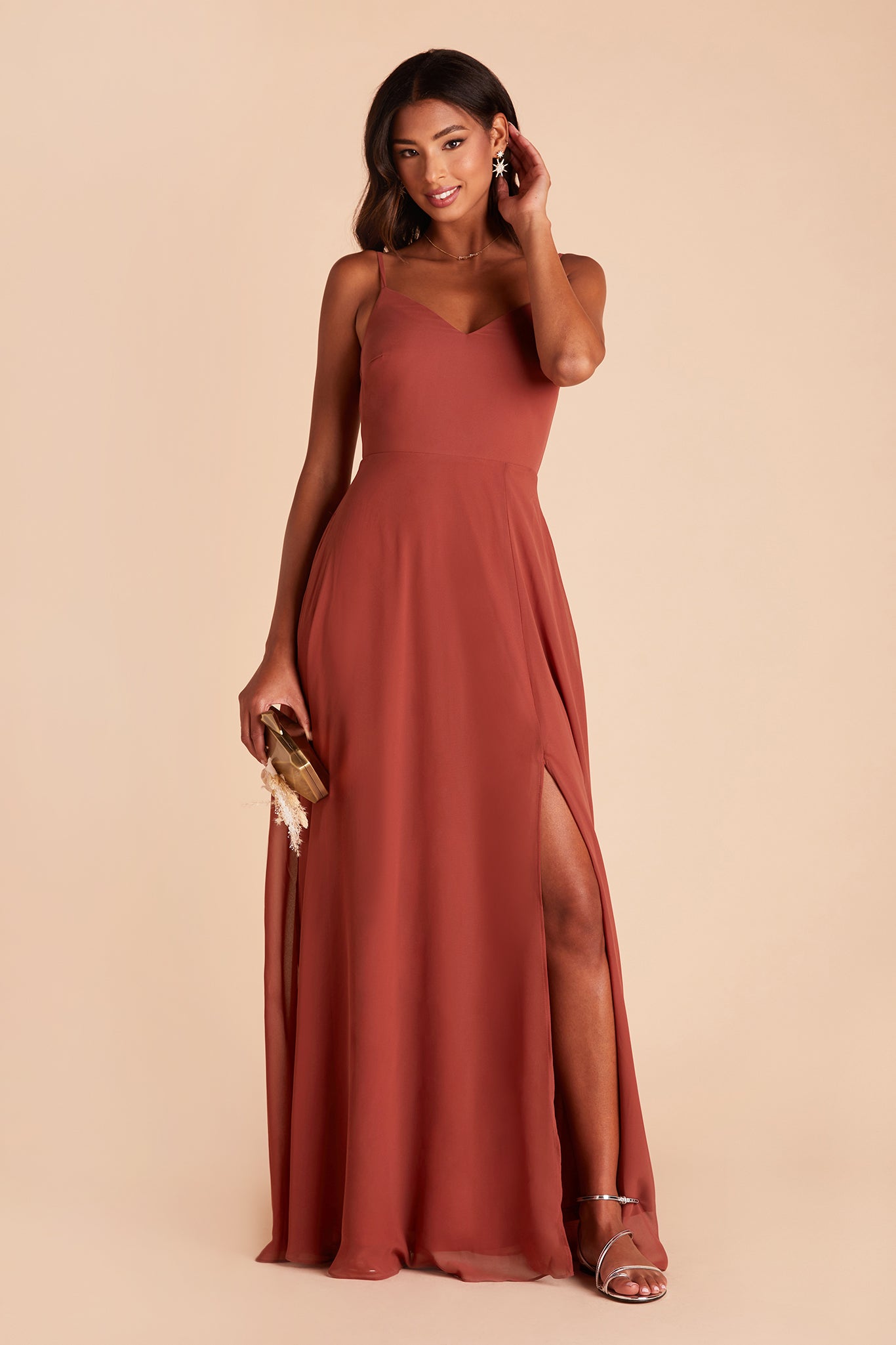 Devin convertible bridesmaids dress with slit in spice chiffon by Birdy Grey, front view